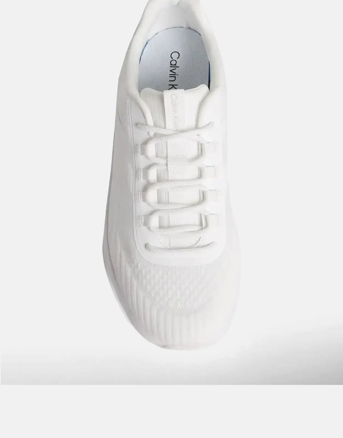 Calvin Klein Chunky Run Lacesock Stripe White sneaker in a top-down view, showcasing its white woven upper and laces.