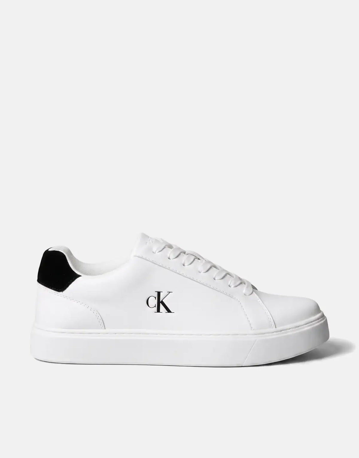 A white Calvin Klein Classic Cupsole low-top sneaker featuring a black heel tab, white laces, and the iconic 'cK' logo on