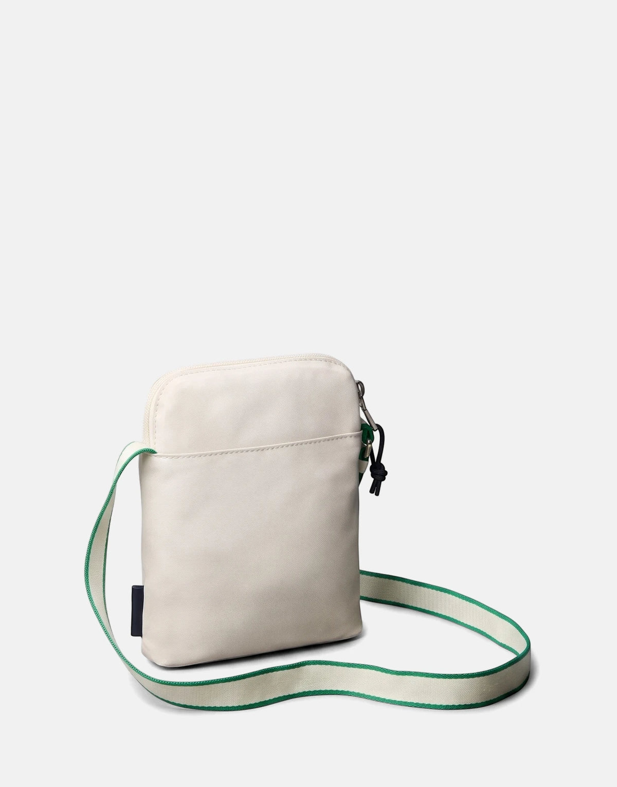Calvin Klein Graphic Capsule Reporter Off White Bag, shown upright with a green stripe on its strap.