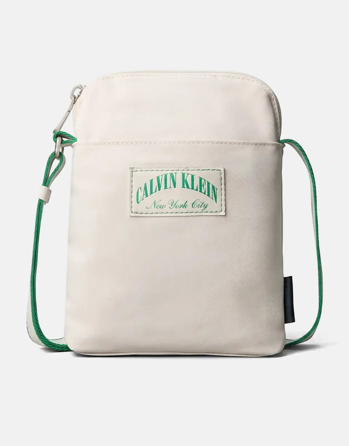 Off white Calvin Klein Graphic Capsule Reporter cross-body bag with a green New York City logo patch and striped strap,