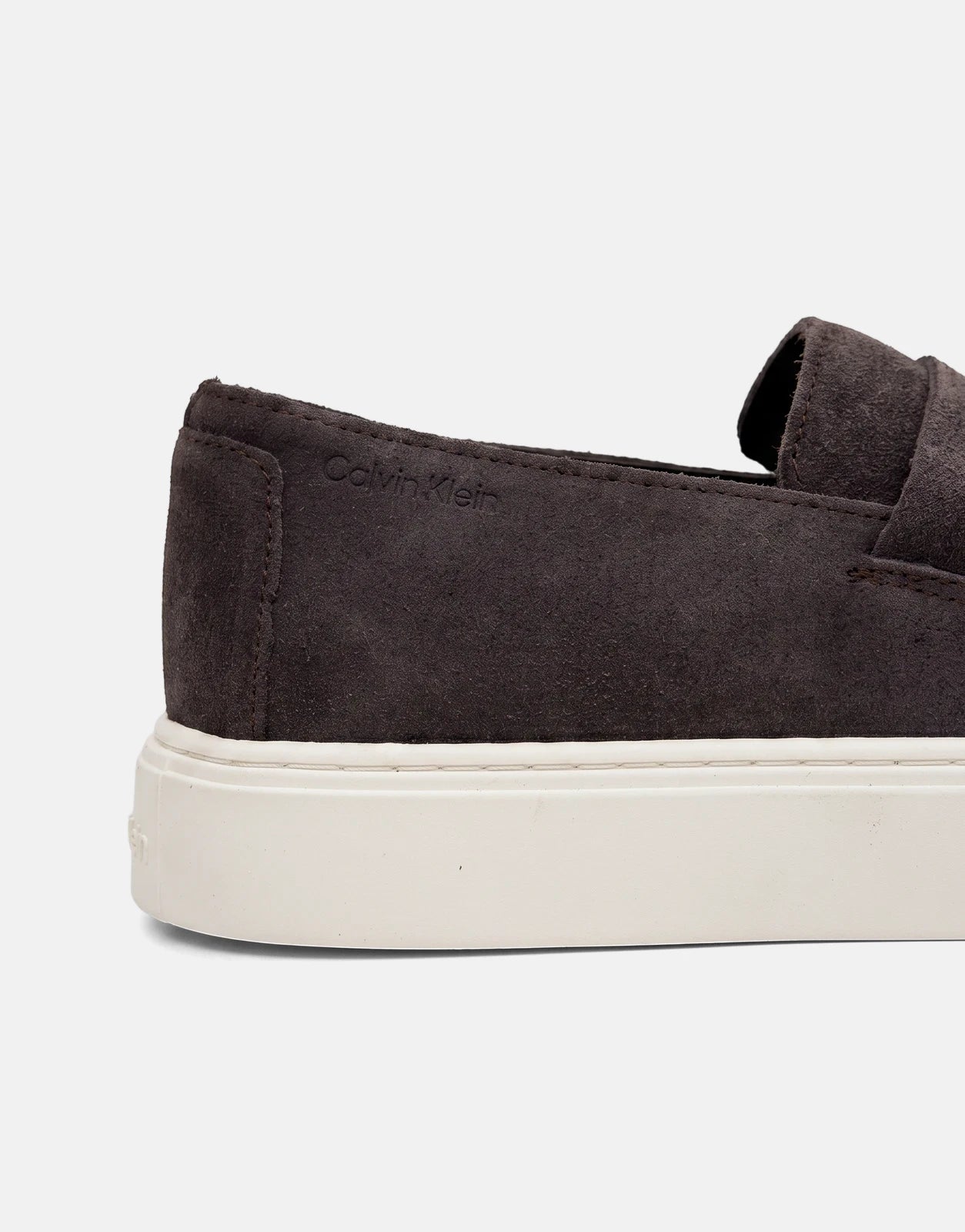 Calvin Klein Hybrid Clean Cup Dark Brown Loafer, featuring dark brown suede and a distinctive white platform sole, shown in
