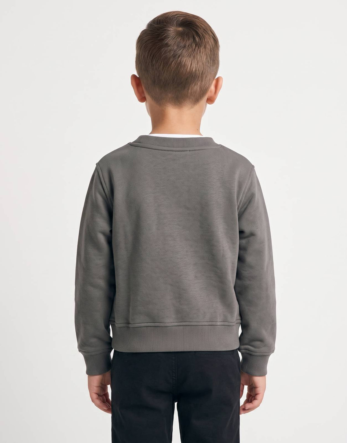 Calvin Klein Kids Fleece Sweatshirt in dark gray, back view showing crew neck and ribbed cuffs and hem.