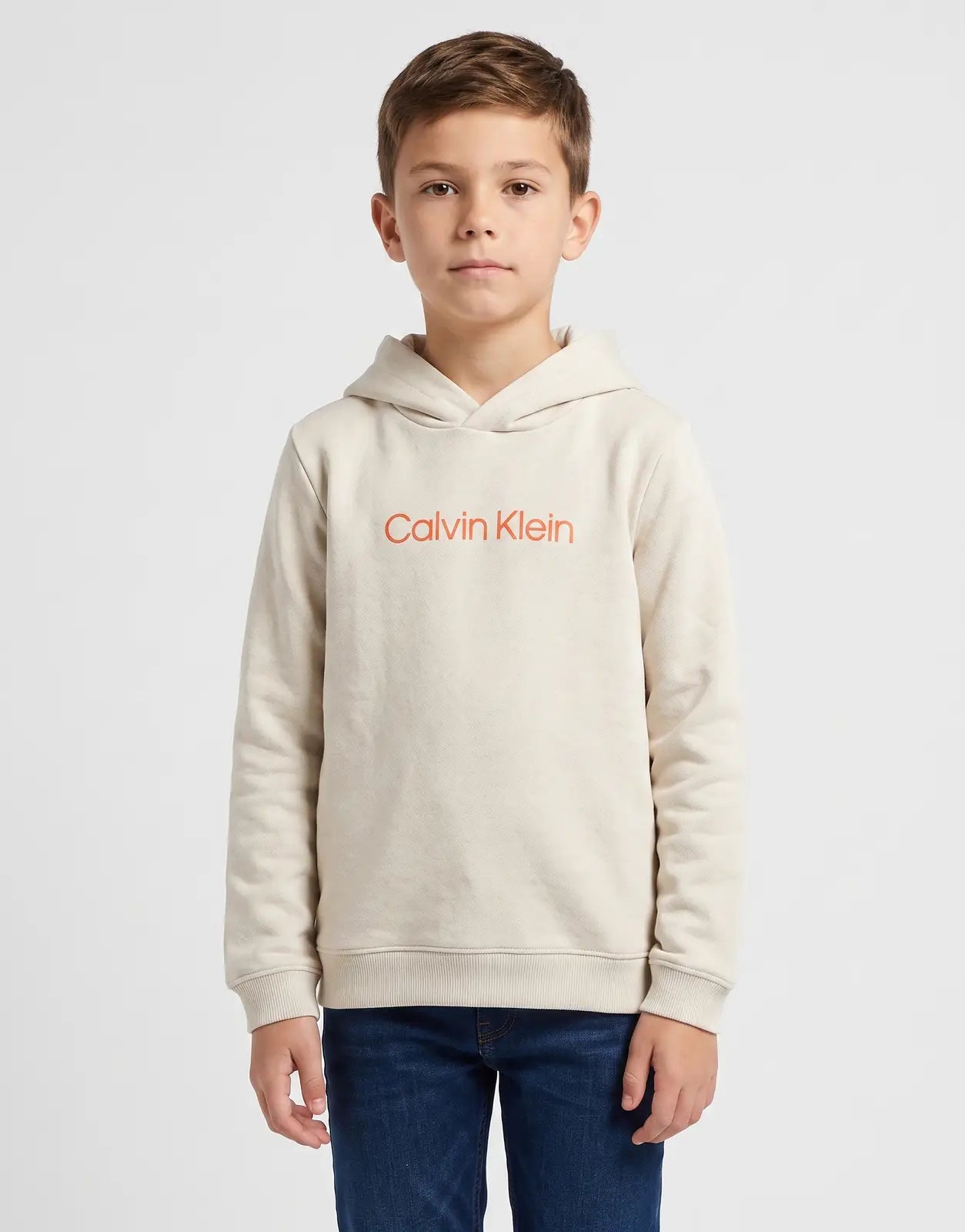 Calvin Klein Kids Inst Logo Terry Hoodie in beige, front view worn by a child model, for a comfortable and stylish look.