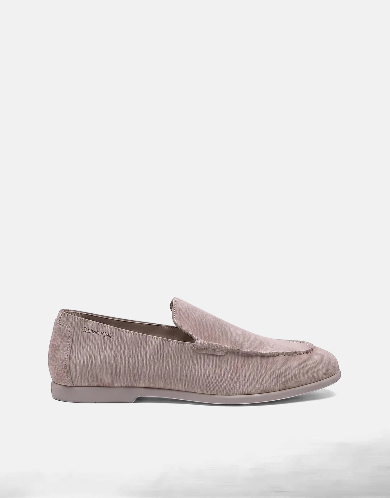 Calvin Klein Low Prof Taupe Loafer shoe, side view, made of a suede-like material with visible stitching details.