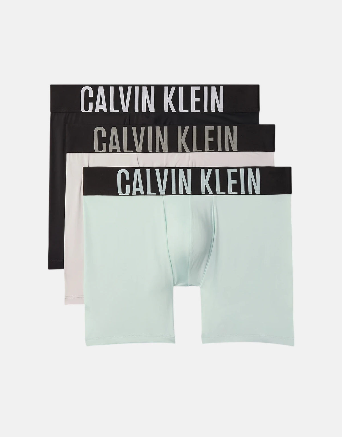 Calvin Klein men's 3-pack boxer briefs in black, off-white, and light blue, arranged in a flat lay.