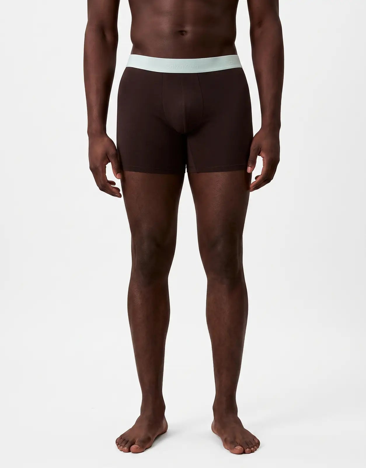Men's Calvin Klein dark brown boxer briefs with a light blue logo waistband, from the 3 Pack Black Multi Briefs collection.