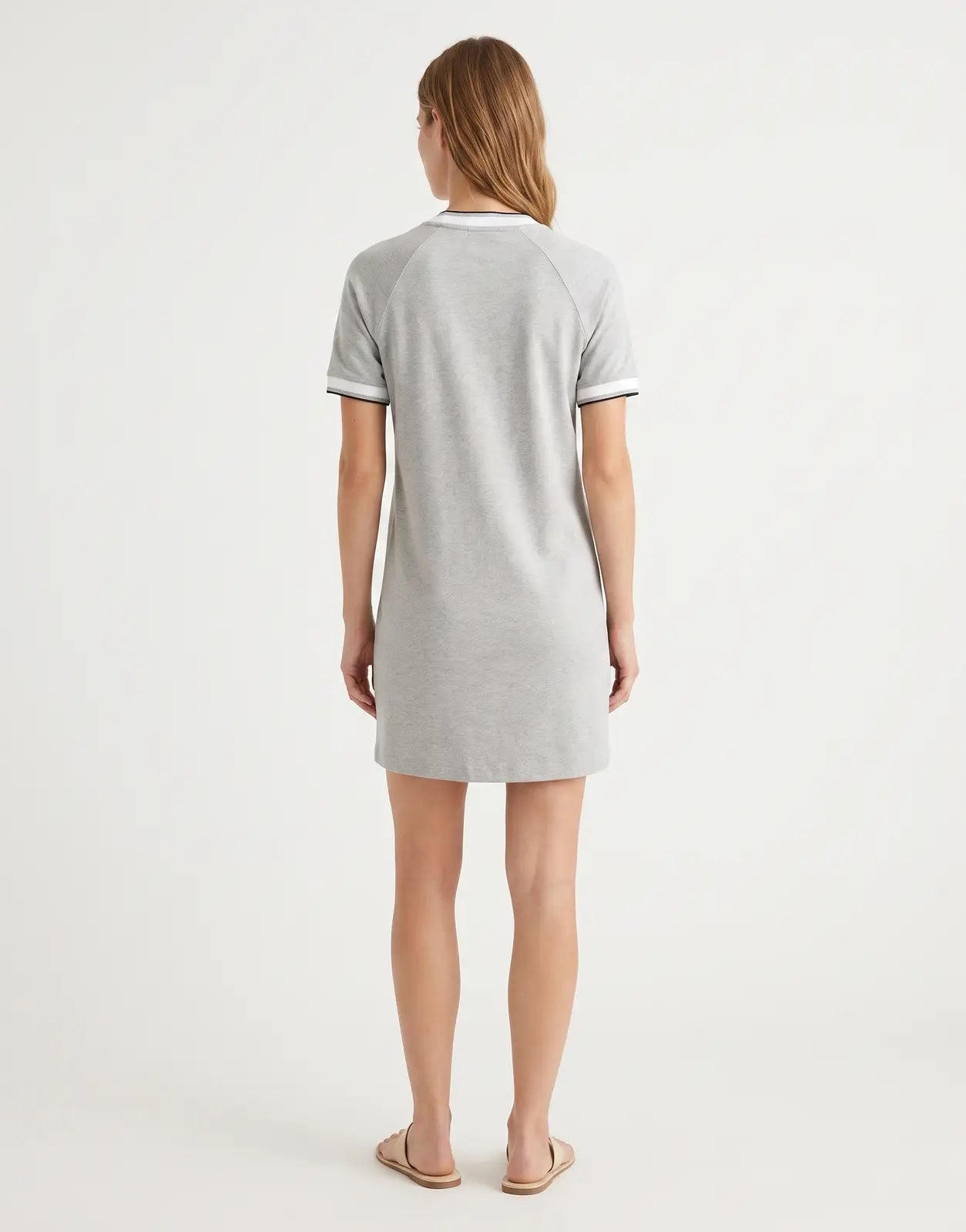 Calvin Klein Monogram Stripe Trim Mini Grey Heather Dress, back view, on a model, showcasing its details.