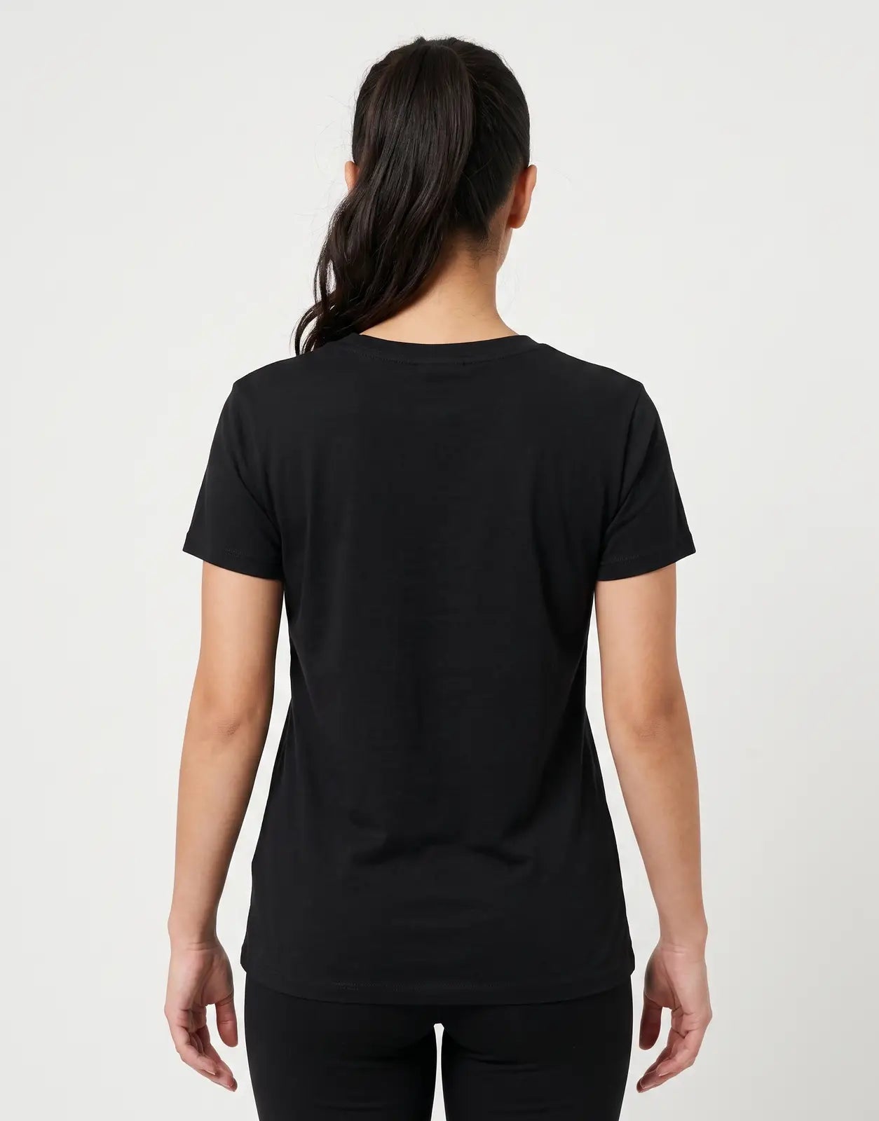 Calvin Klein Seasonal Graphic black slim fit t-shirt for women, short-sleeved, depicted from the back view, on a plain