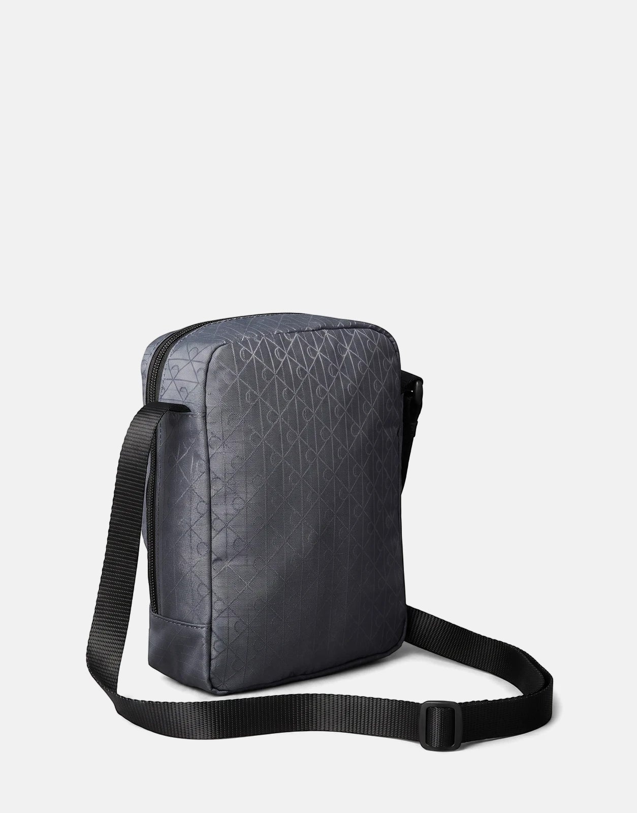 Calvin Klein Utility Emblem Blue Grey Reporter Bag featuring a subtle monogram pattern and a black adjustable strap,