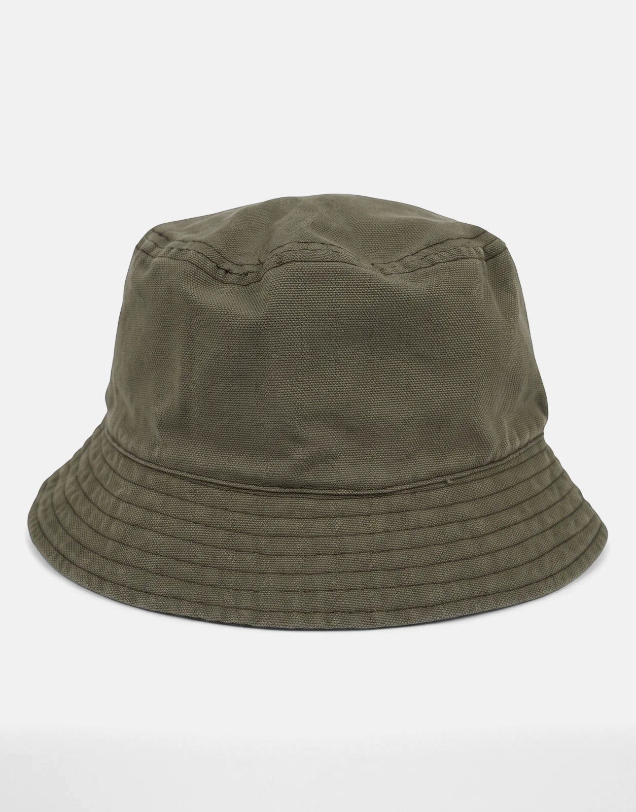 Front view of a Calvin Klein washed material green bucket hat, featuring a textured fabric and stitched brim.