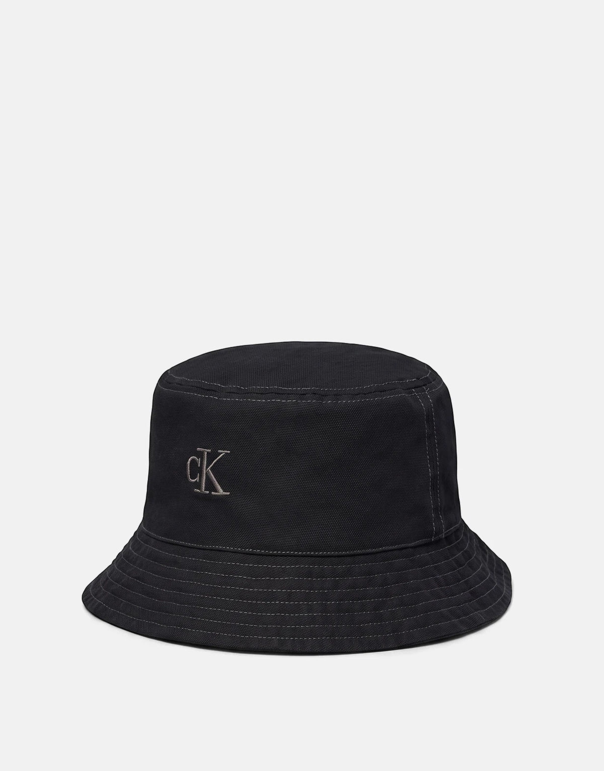 Calvin Klein washed material reversible black bucket hat, featuring an embroidered 'cK' logo on the front.