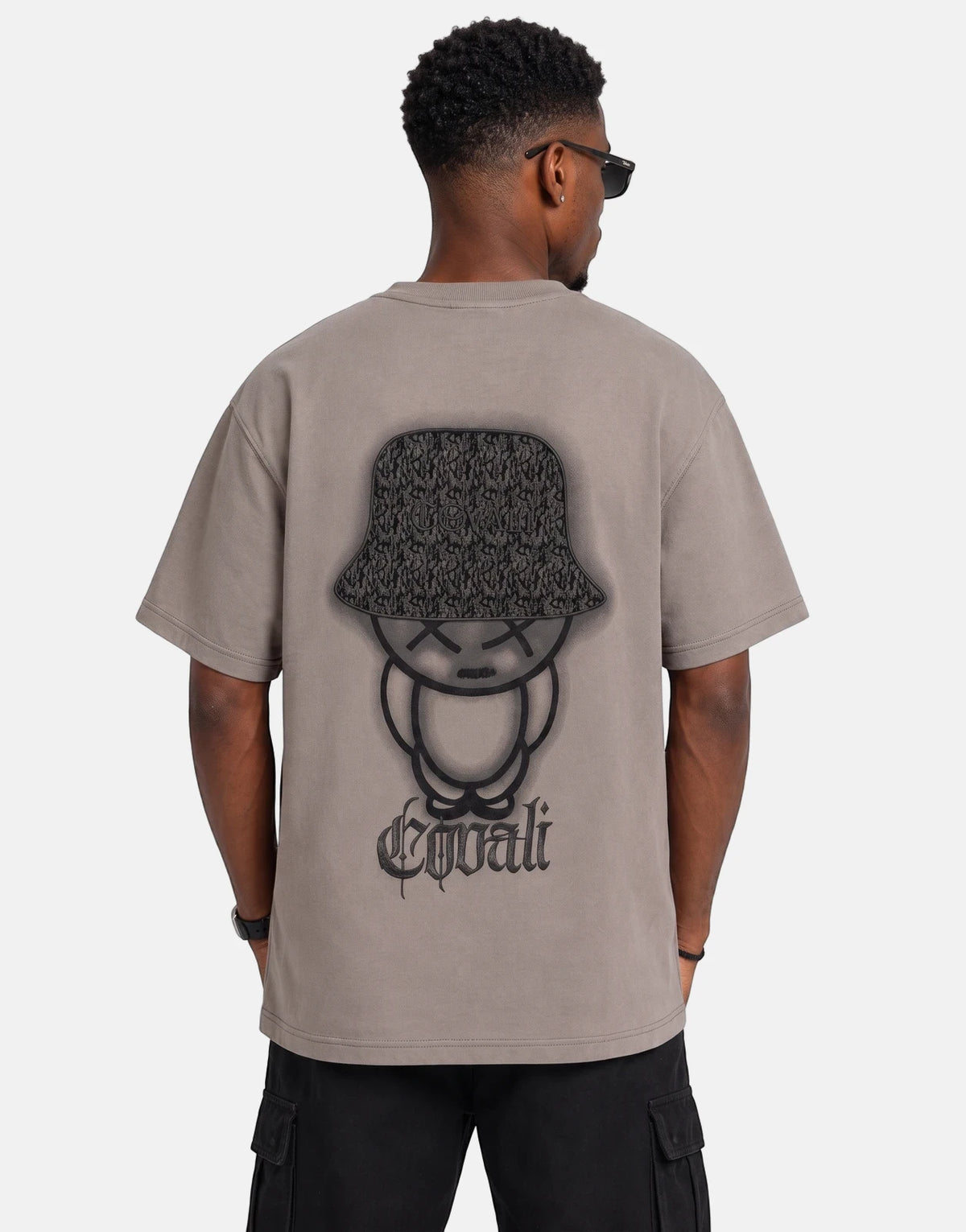 Covali Punto Grey T-Shirt on a male model, seen from the back, featuring a distinctive graphic print on the back.