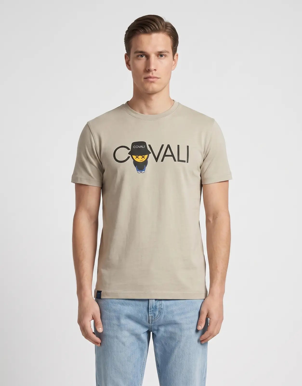 Men's Covali Tipo A Moss T-shirt in beige, featuring short sleeves, a crew neck, and a graphic logo print.