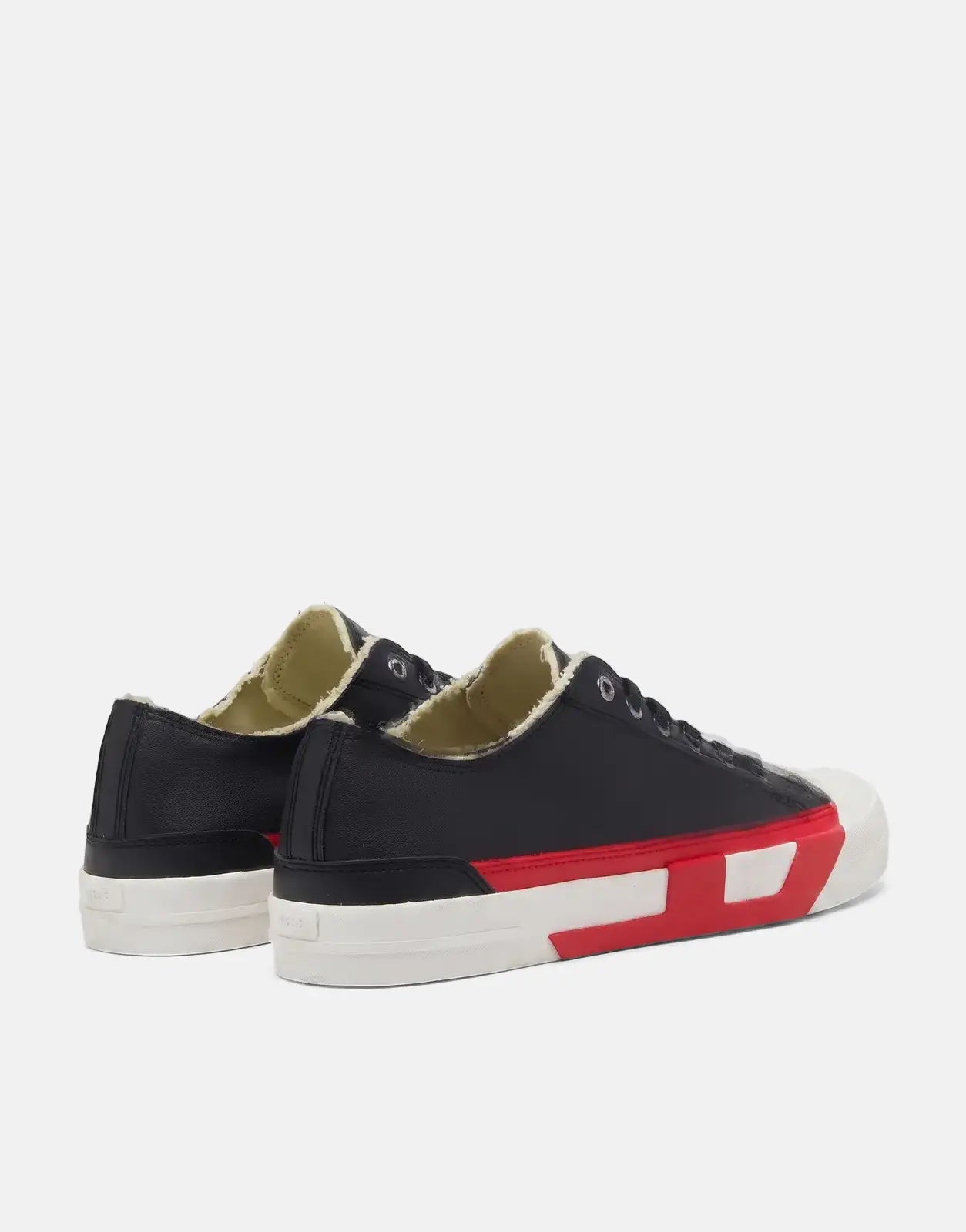 Pair of black, red, and white Diesel D-Verse Low II sneakers shown from a rear three-quarter view on a plain background.