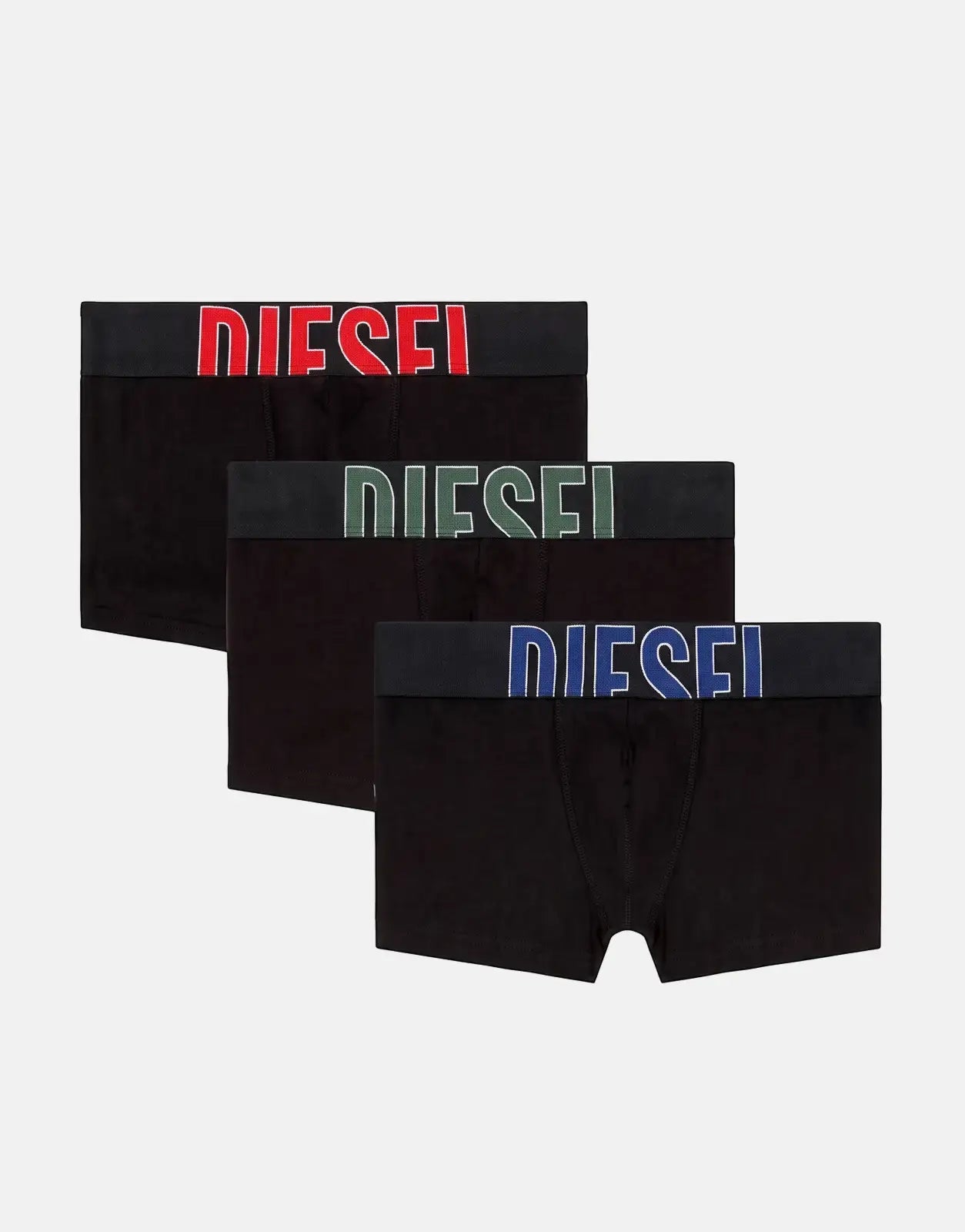 Three pack of black Diesel Damien D Pop boxer shorts with red, green, and blue logo waistbands, flat lay.