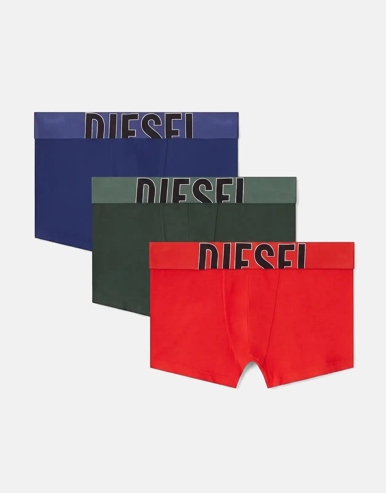 Diesel Damien D Pop 3 Pack Boxer Shorts E7498 in navy blue, dark green, and red, arranged diagonally.
