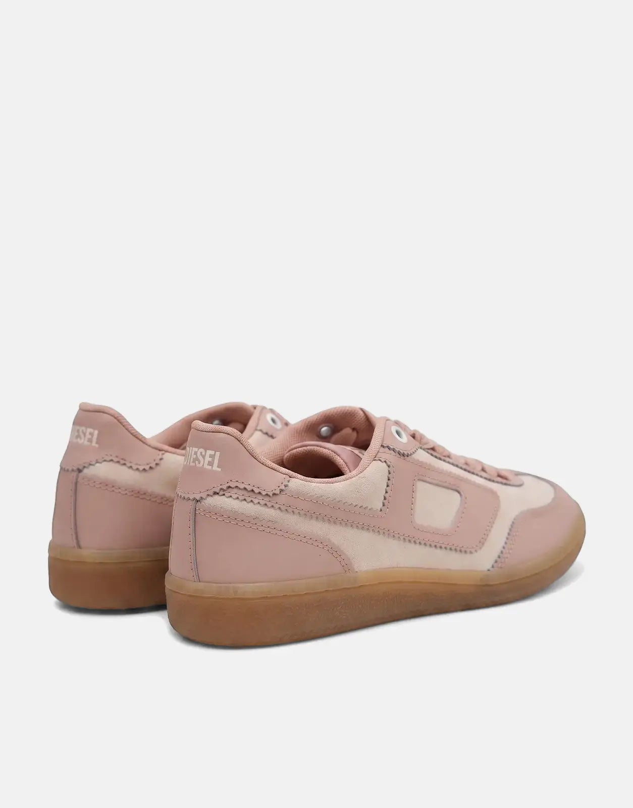 A pair of pink and beige Diesel S-D-Matcha Low Sneakers HB614, featuring suede panels, leather overlays, and translucent gum