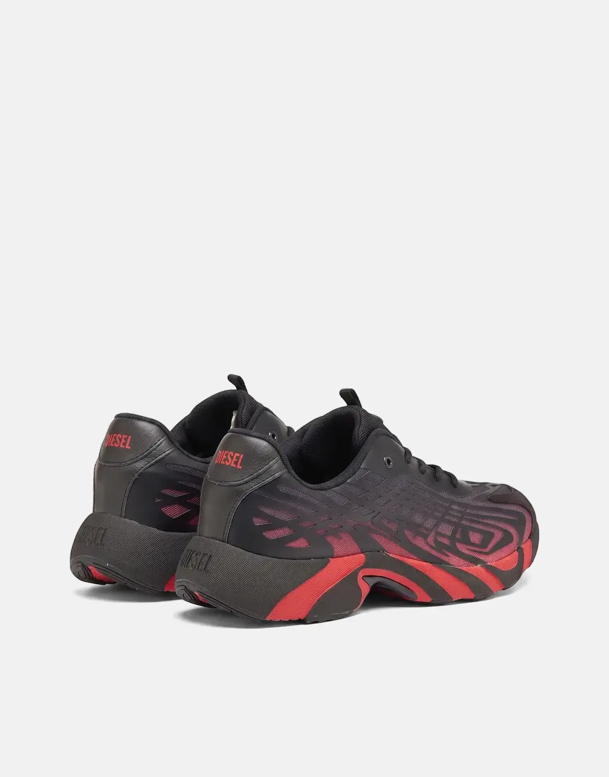 Diesel S-D-Vit's 500 Low Sneakers in black and red with abstract pattern, viewed from a back-left angle.