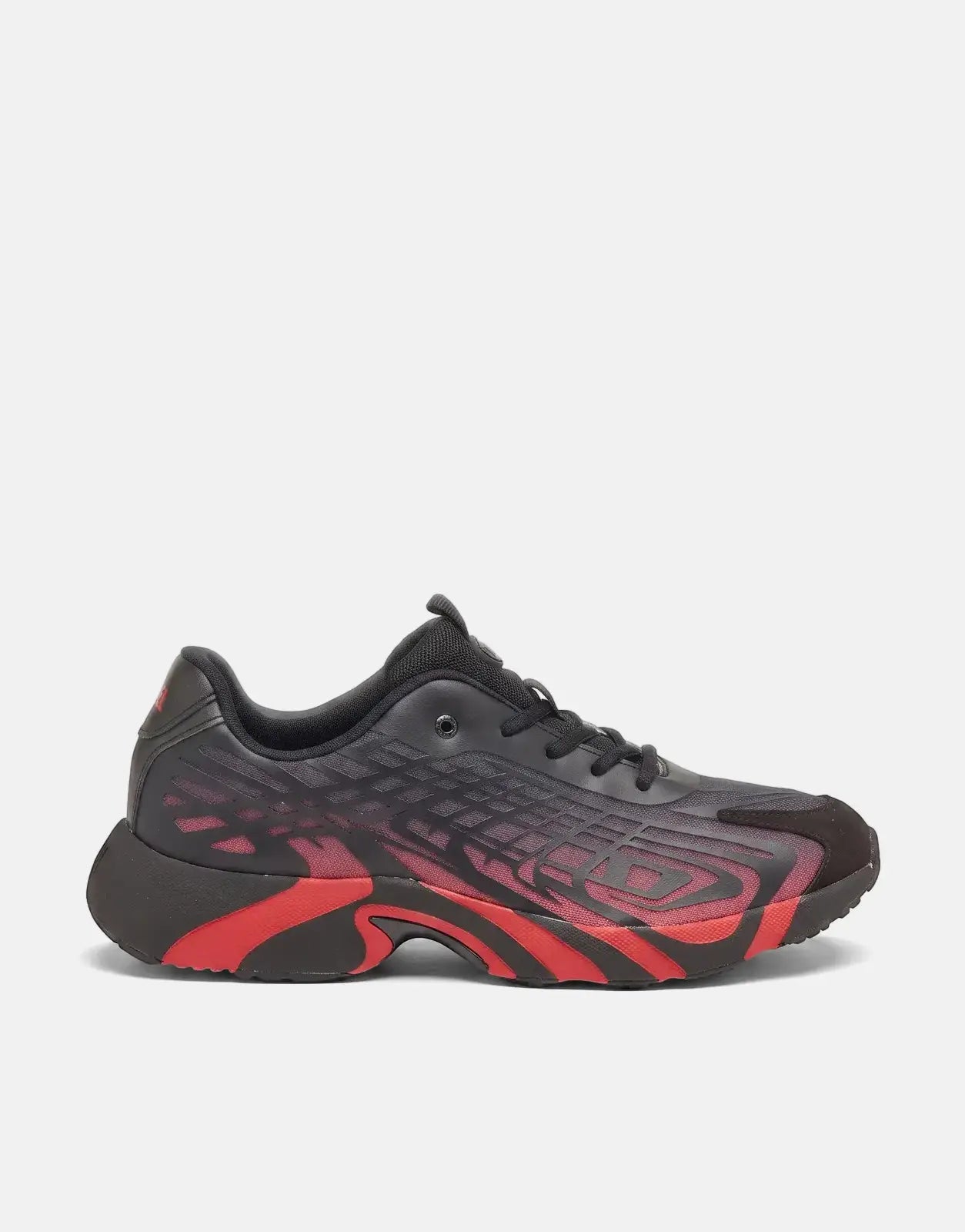 Diesel S-D-Vit's 500 Low Sneakers in black and red with a unique geometric patterned upper and a chunky sole, shown from the