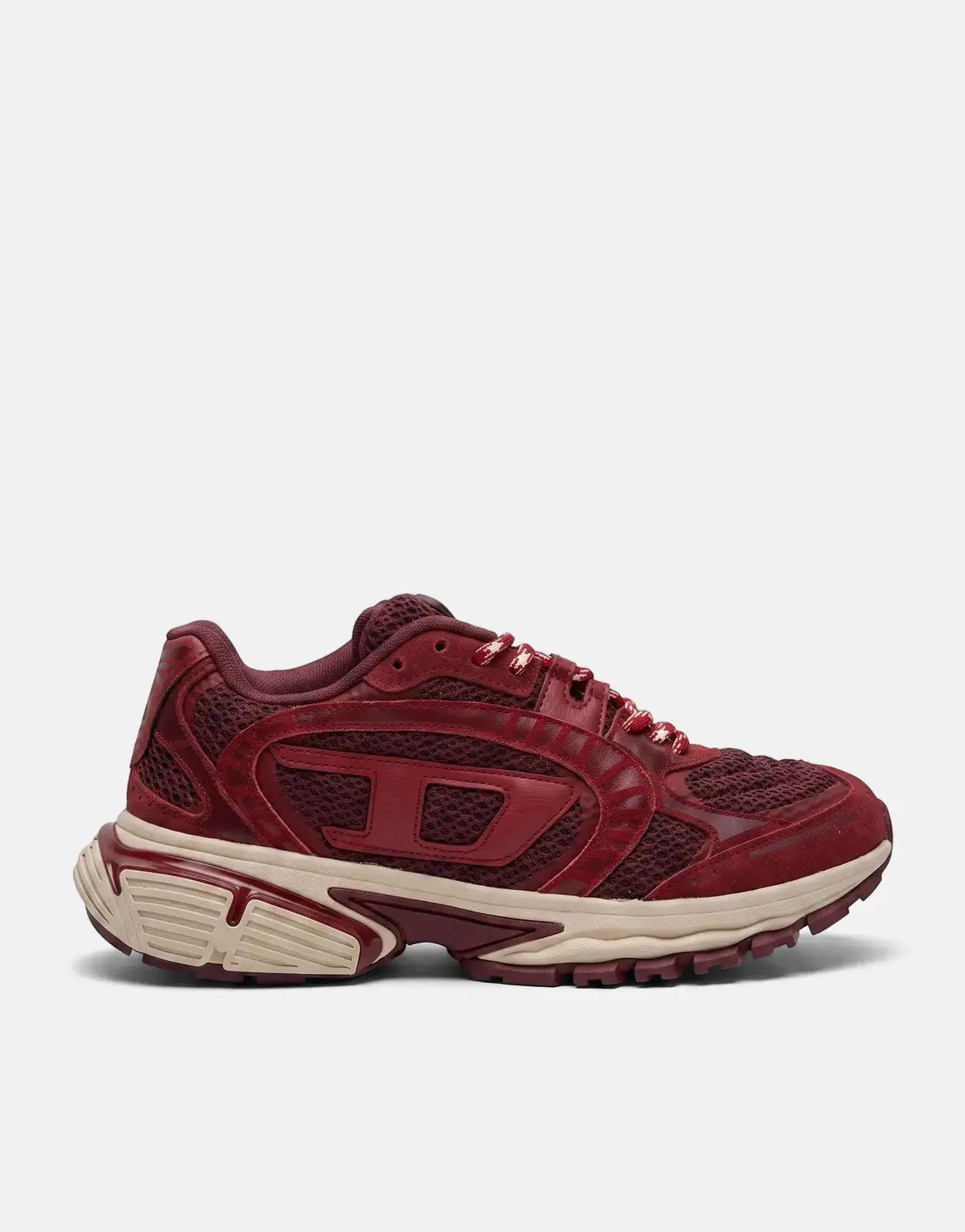 Diesel S-Pro V-Dense Low Sneakers HB523 in a vibrant maroon mesh and suede with a cream sole, captured from a side profile.