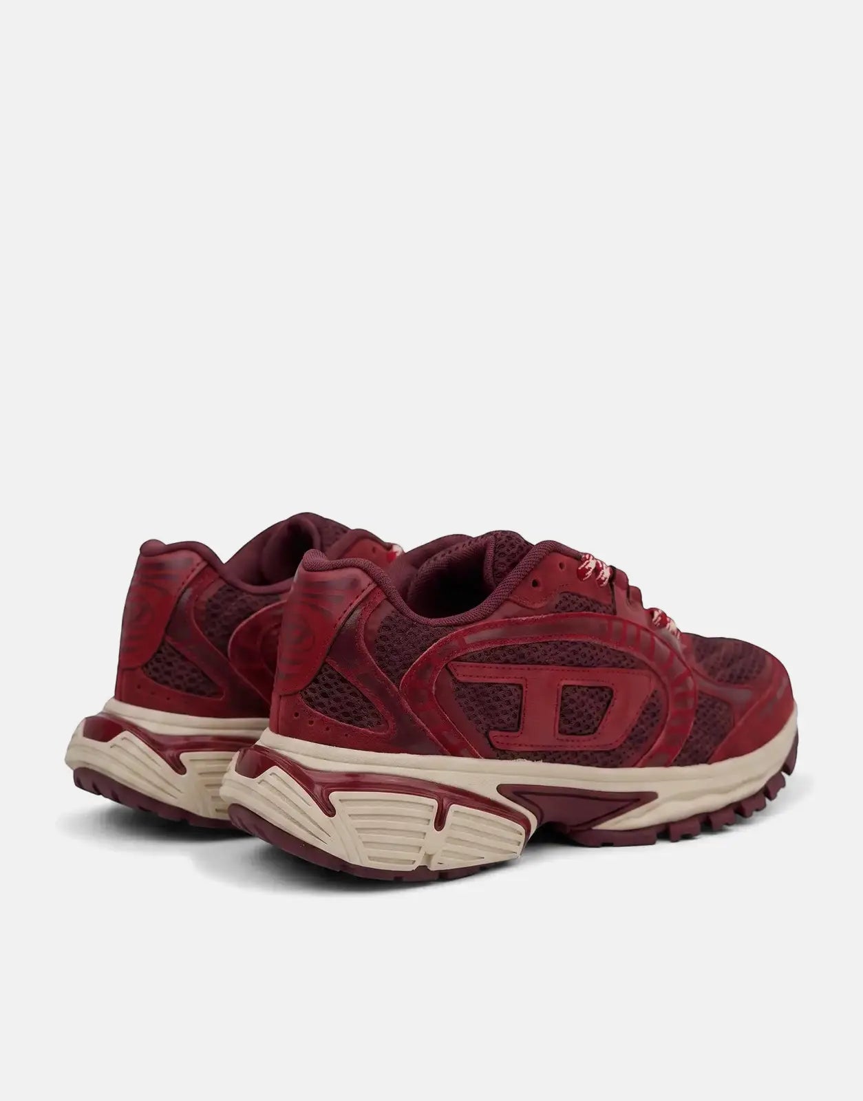 Diesel S-Pro V-Dense Low Sneakers HB523 in maroon with beige soles, featuring mesh and synthetic panels, photographed from a