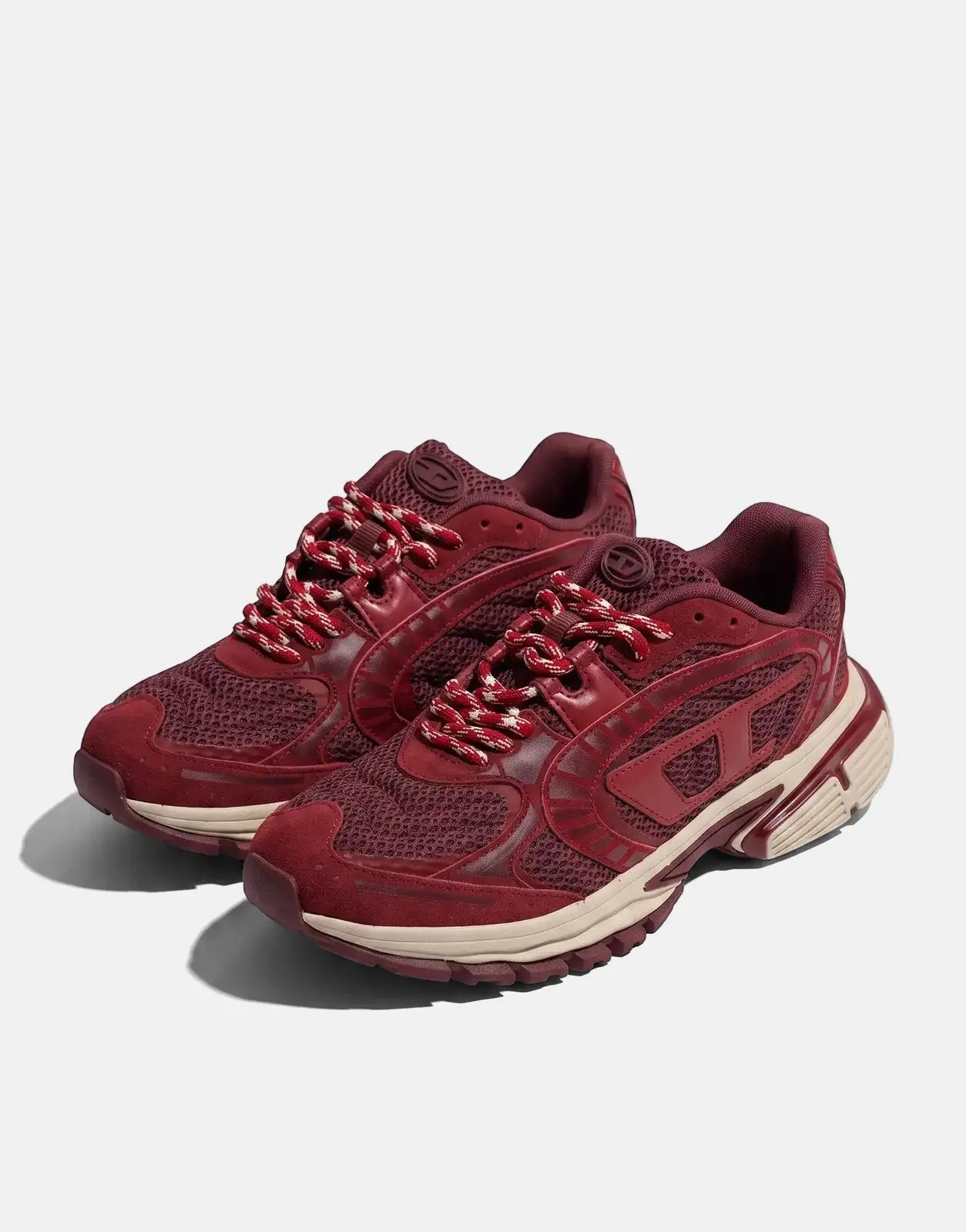 Diesel S-Pro V-Dense Low Sneakers HB523 in maroon mesh and suede with chunky beige soles and red-white laces.