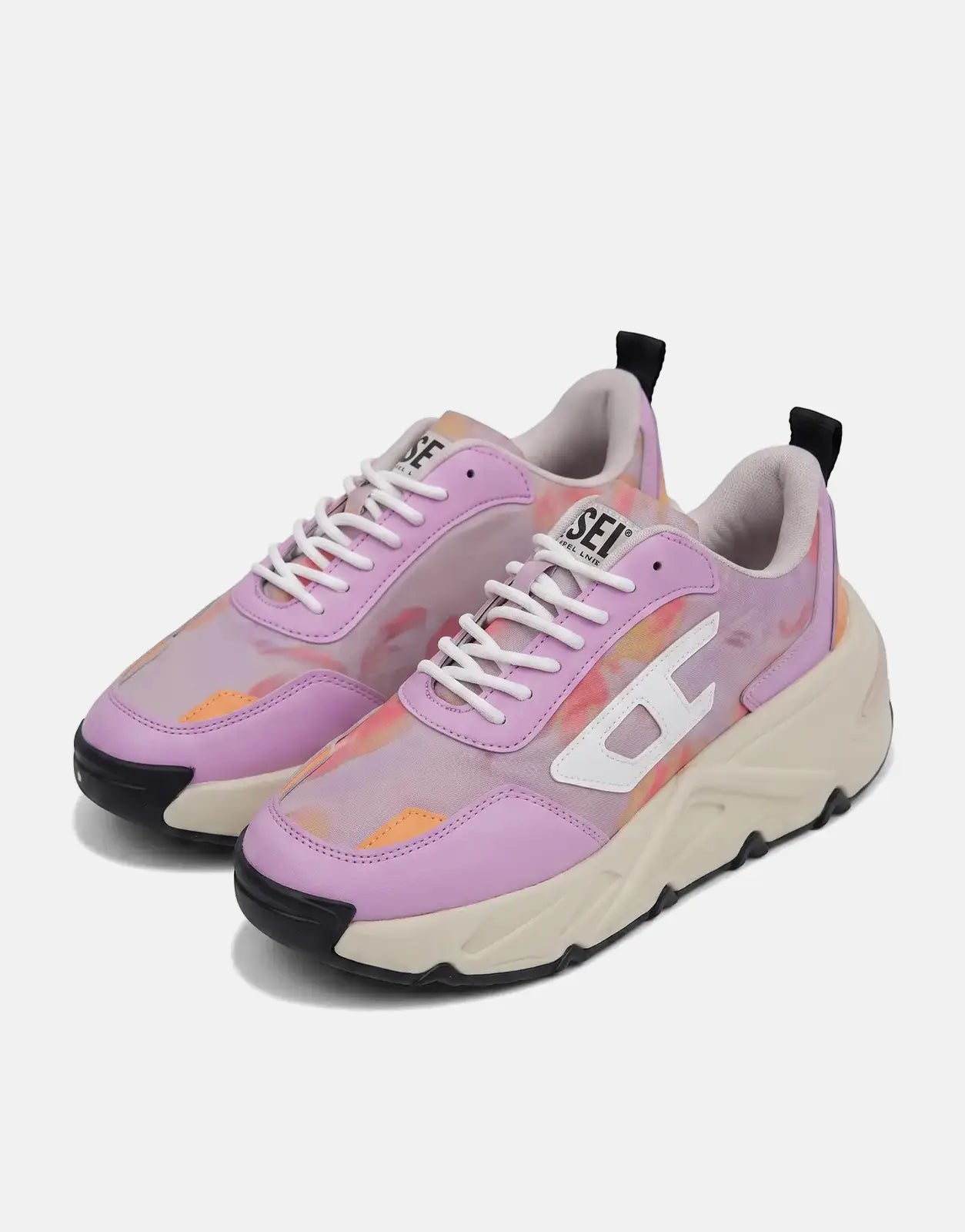 Diesel S-Savannah Tulu Sneakers HB578 in lilac and tie-dye, featuring white laces and a chunky beige sole, shown from a side