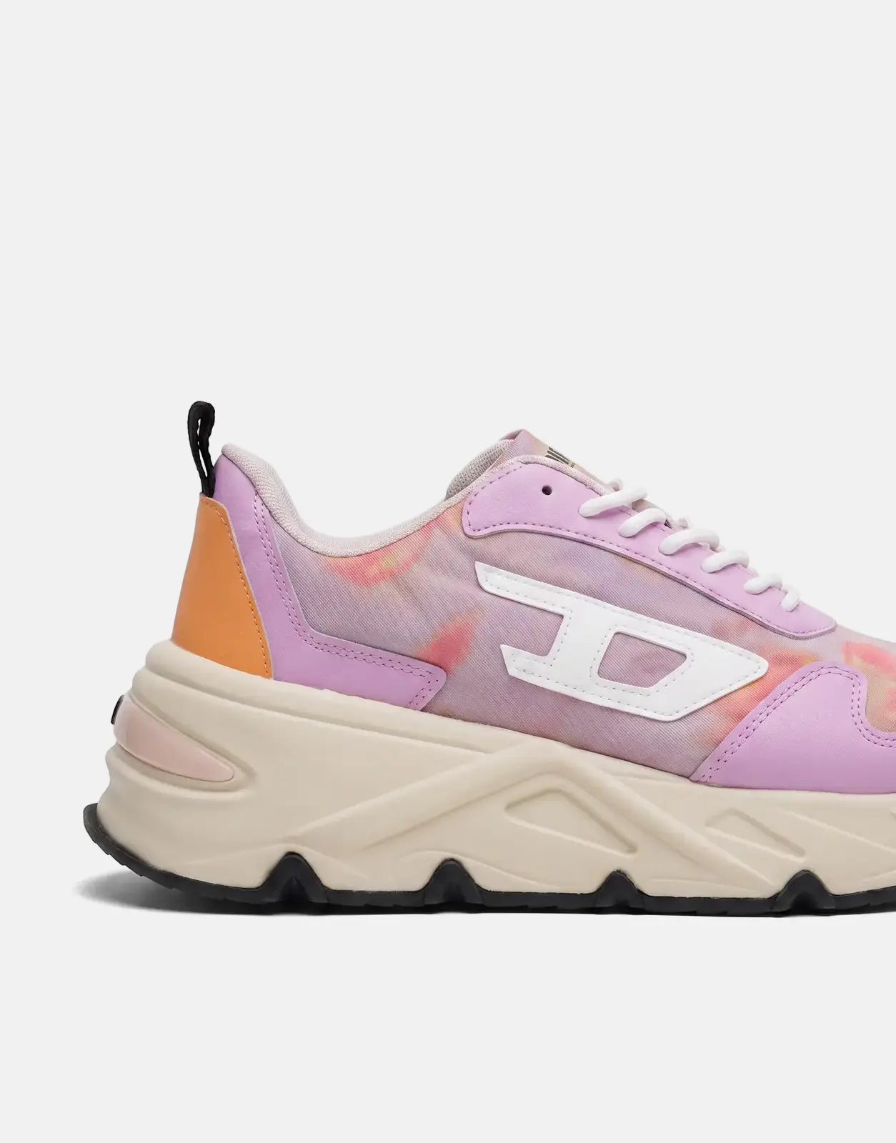 Diesel S-Savannah Tulu Sneakers HB578 with pink, purple, and orange tie-dye pattern on a chunky beige sole, side view.
