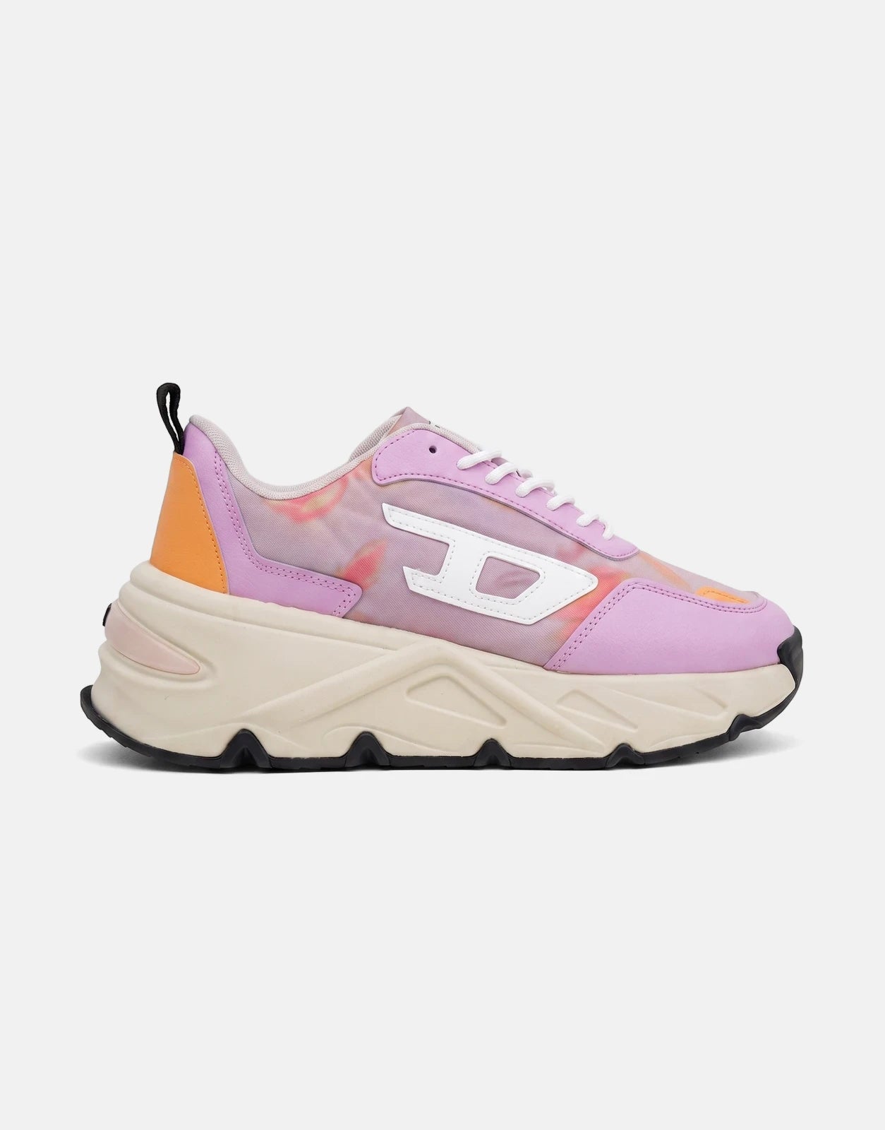 Diesel S-Savannah Tulu sneakers HB578, featuring a vibrant purple and orange tie-dye upper, white laces, and a chunky beige