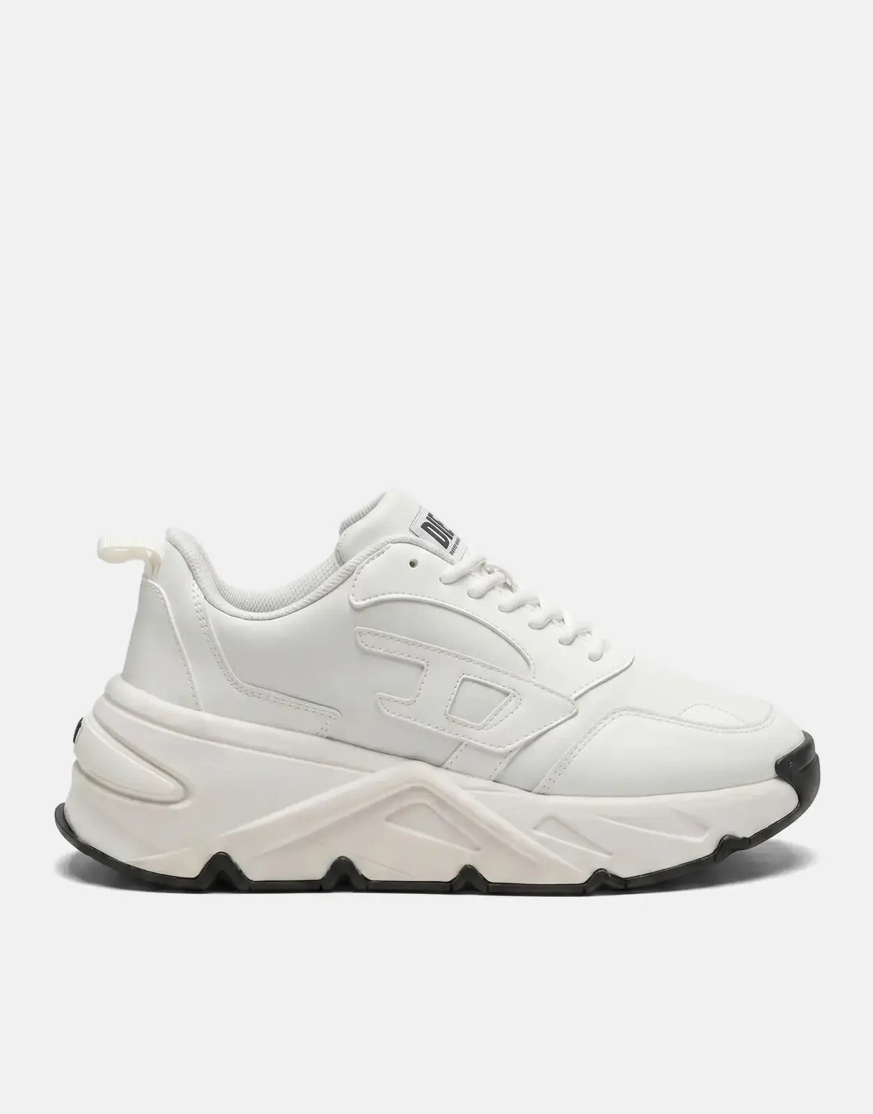 White Diesel S-Savannah Tulu sneakers with a chunky sole and black accents, shown from a side view.