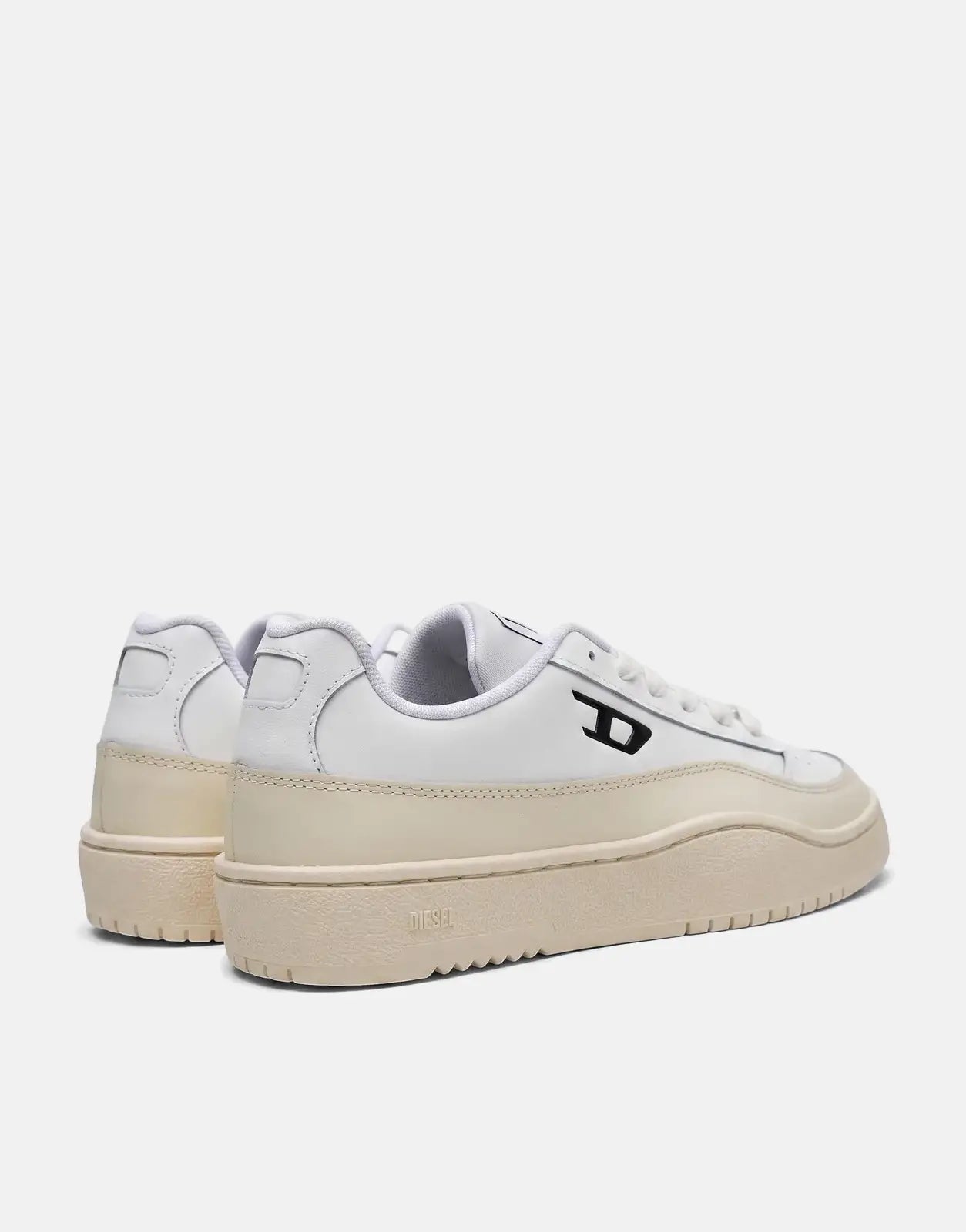 White and beige Diesel S-Tracked Low Sneakers HA668 with a prominent platform sole, shown in a rear-side view.