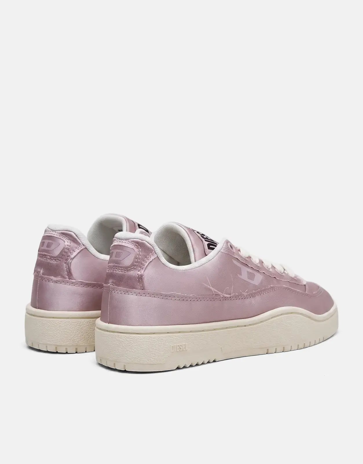 Rear-side view of pink Diesel S-Tracker D Low Sneakers T5093 with a satin-like upper and cream chunky sole.