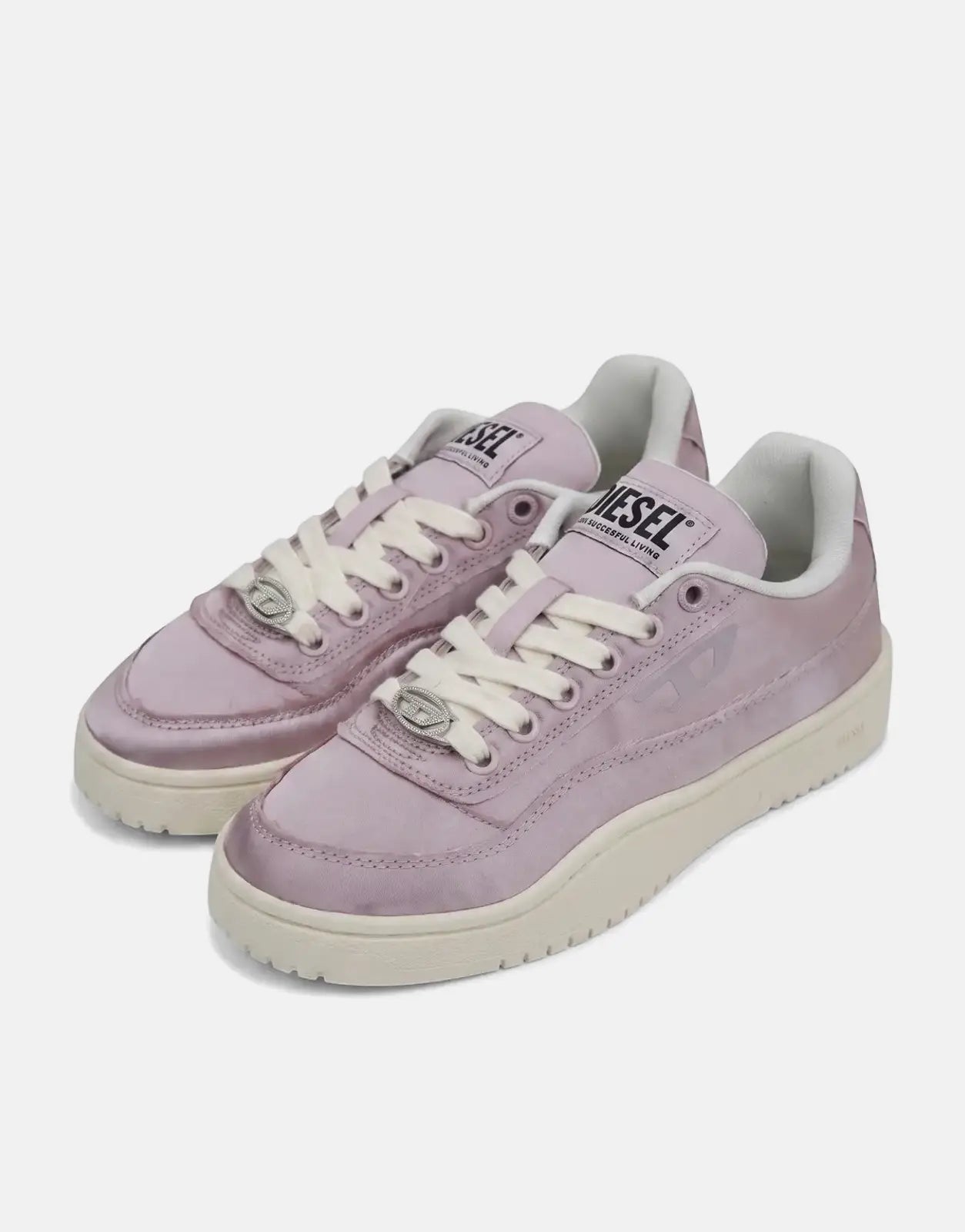 A pair of pink satin Diesel S-Tracker D Low Sneakers T5093 with white laces, shown from an elevated front-side angle.