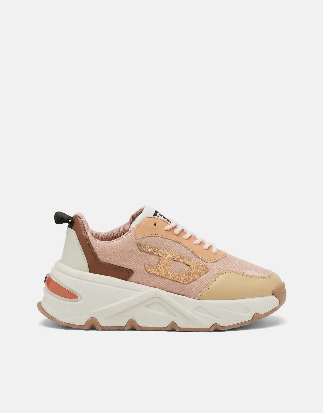 Diesel Savannah Tulu sneakers for women, featuring a multi-panel design in pink, beige, brown, and white with a glittery