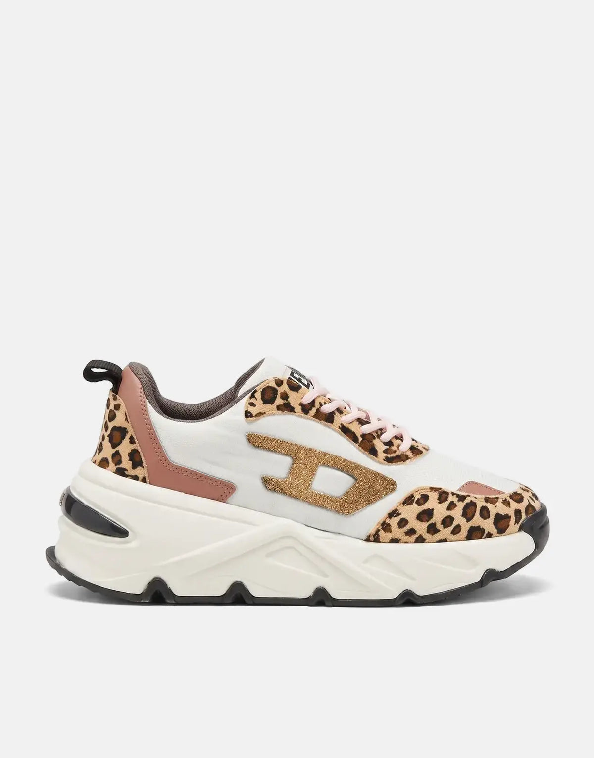 Diesel Savannah Tulu women's sneakers with a white base, leopard print accents, and a chunky sole, shown in a side view.