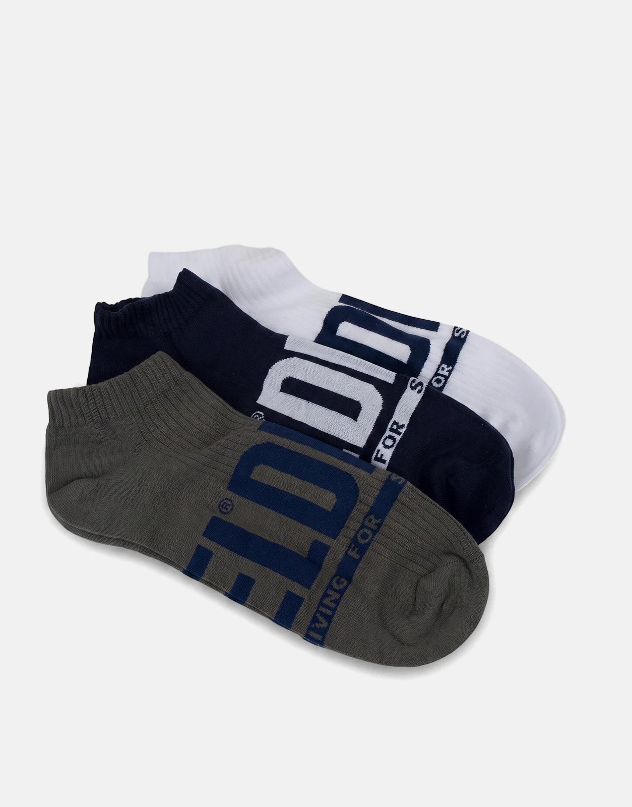 Three pairs of Diesel SKM Gost ankle socks including dark grey, dark blue, and white, featuring F.I.D.D branding.