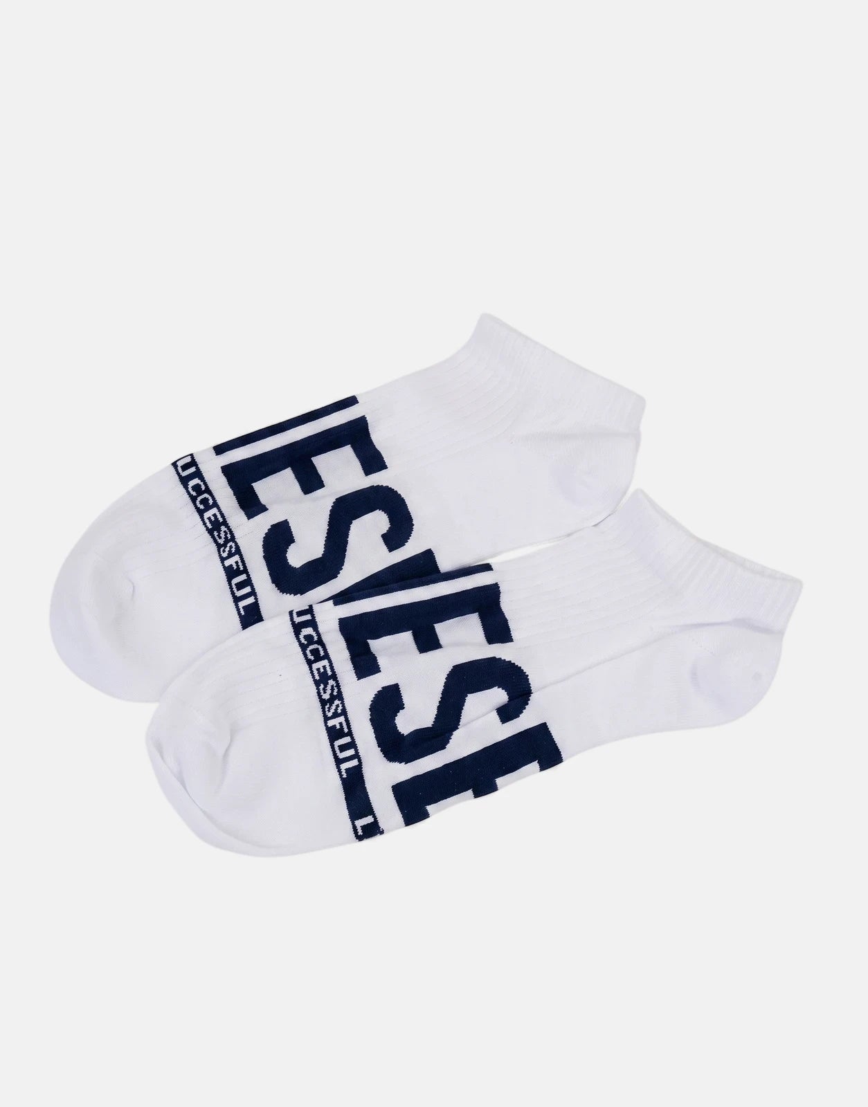 Two white Diesel SKM Gost ankle socks with dark blue 'DIESEL SUCCESSFUL' branding, laid flat to showcase their design and