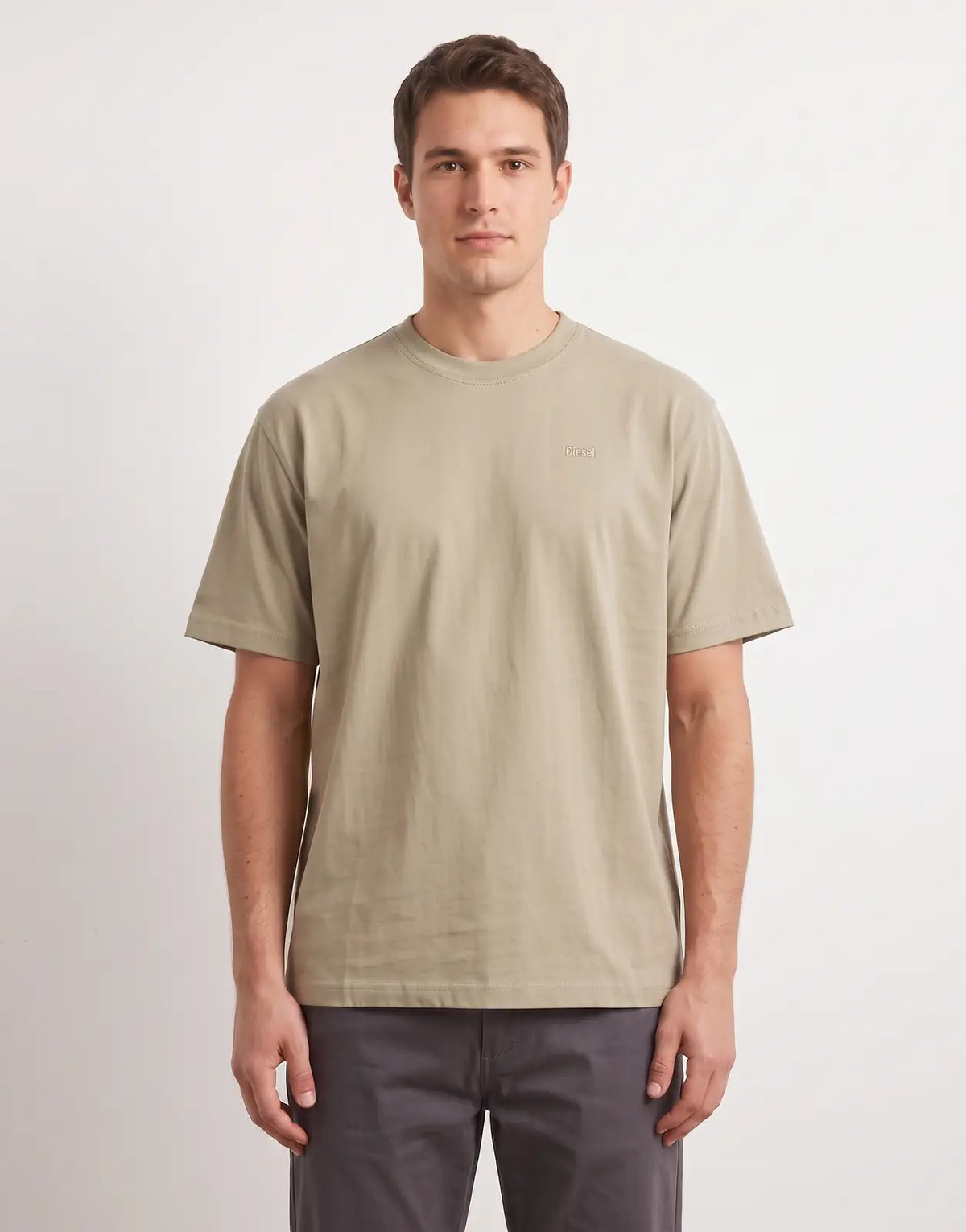 Front view of a men's Diesel T-Boggy V3 T-Shirt 5GD in beige, featuring short sleeves and a small 'Diesel' logo on the chest.