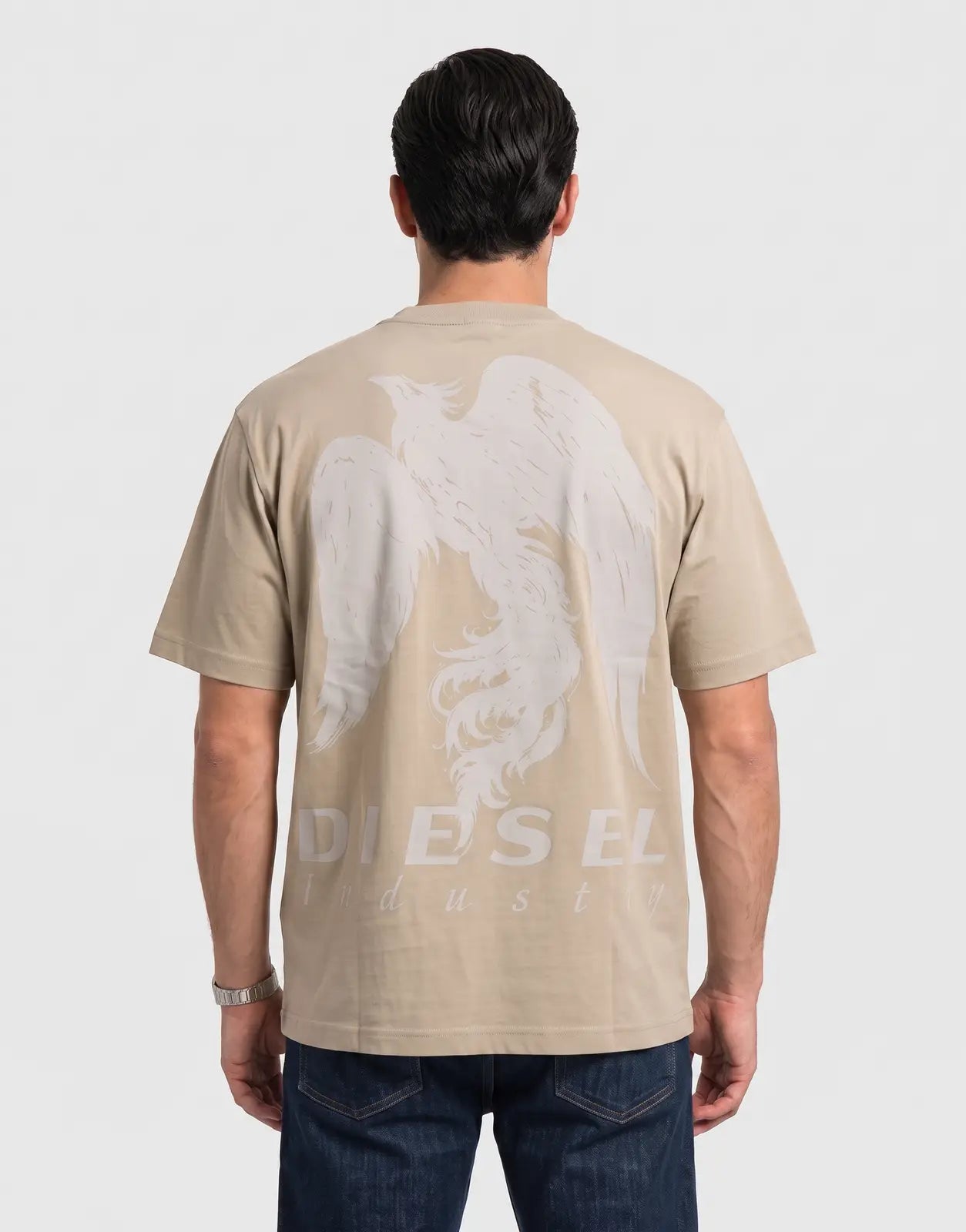 Men's beige Diesel T-Boggy V3 t-shirt with a large light grey phoenix graphic and 'DIESEL Industry' text on the back.