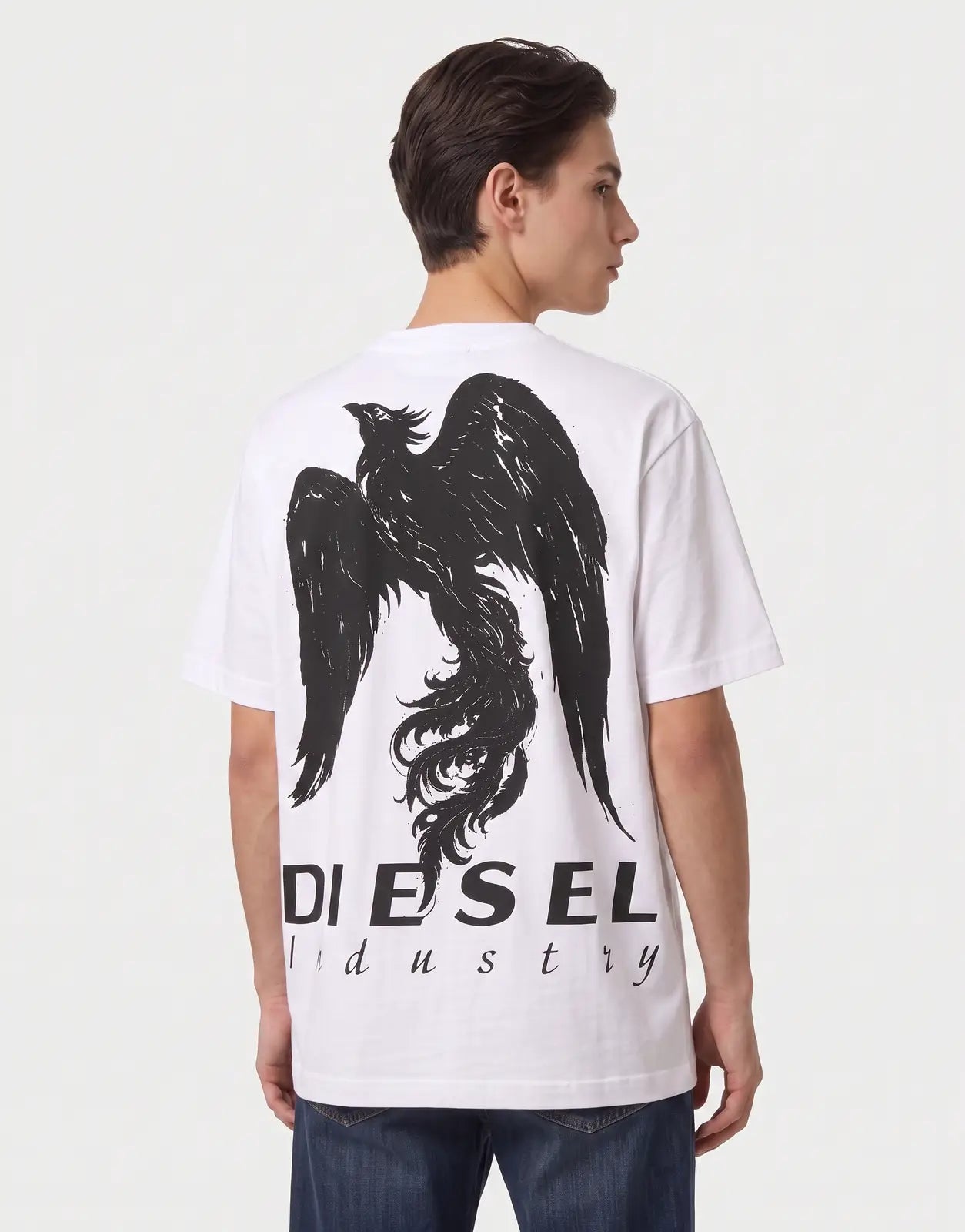 Diesel T-Boggy V3 T-Shirt 100, white, with a black phoenix graphic and 'DIESEL Industry' text on the back, worn by a male