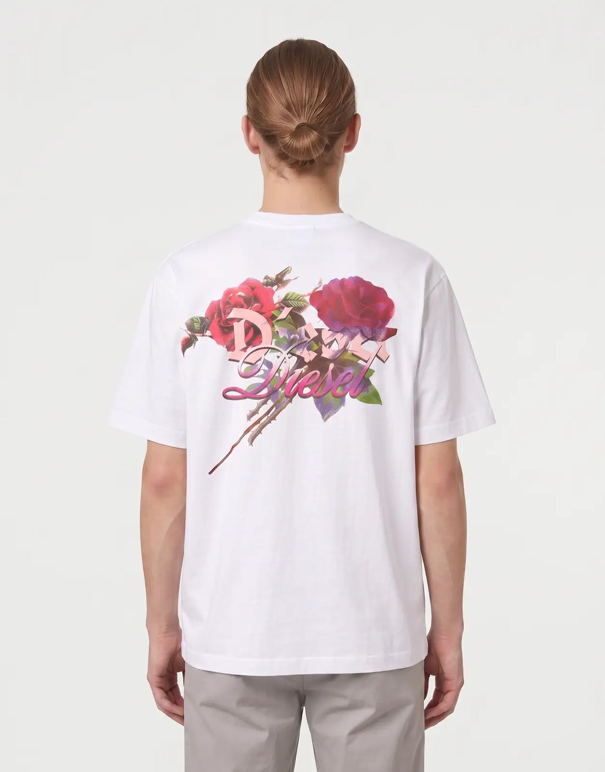 Diesel T-Boggy V4 Relaxed T-Shirt 100 in white, featuring a vibrant back graphic print of red roses and the pink Diesel logo.