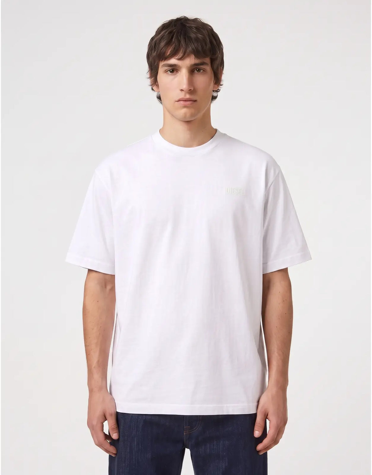 Men's white Diesel T-Boggy V5 T-shirt with short sleeves and a subtle brand logo on the chest, front view.