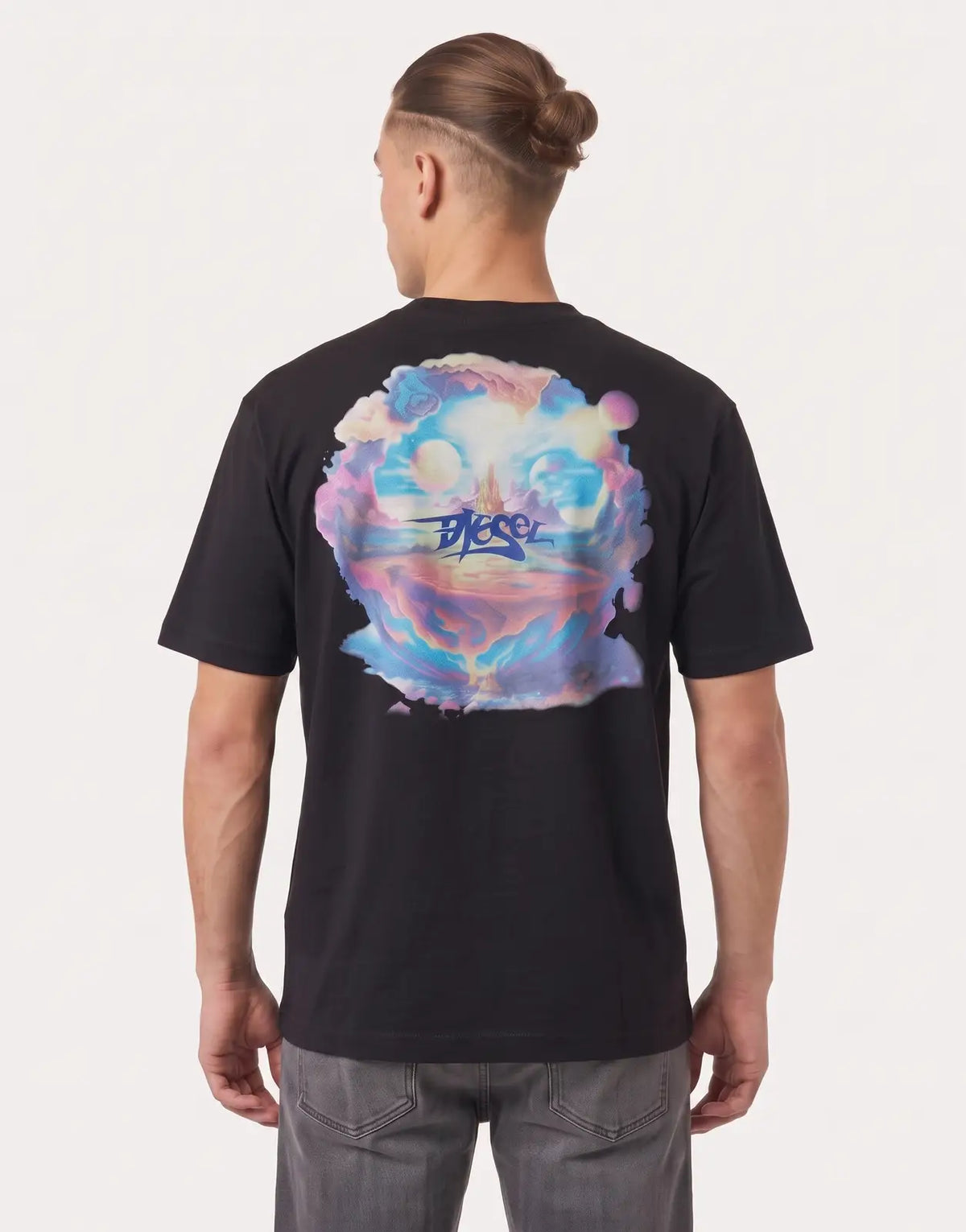 Black Diesel T-Boggy V5 T-shirt for men, featuring a vibrant, abstract landscape graphic print on the back.
