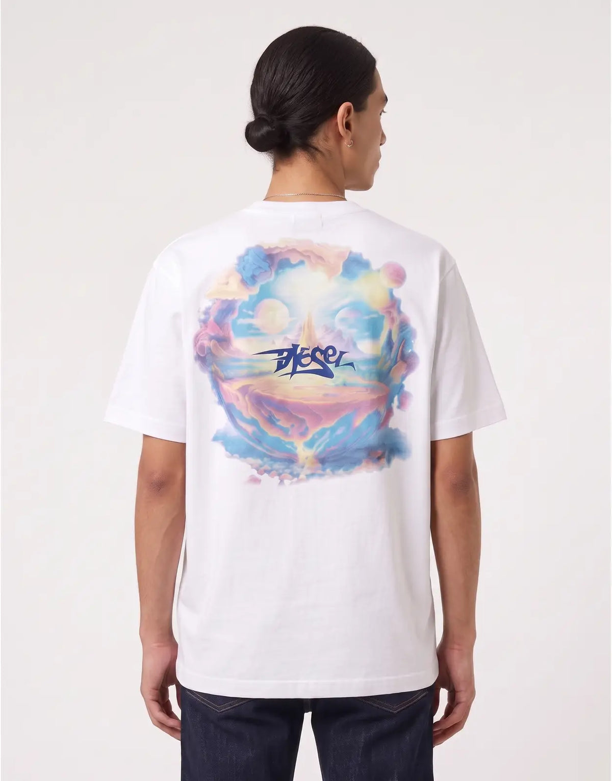 White Diesel T-Boggy V5 T-Shirt featuring a vibrant, surreal graphic print on the back, showcasing diverse colors.