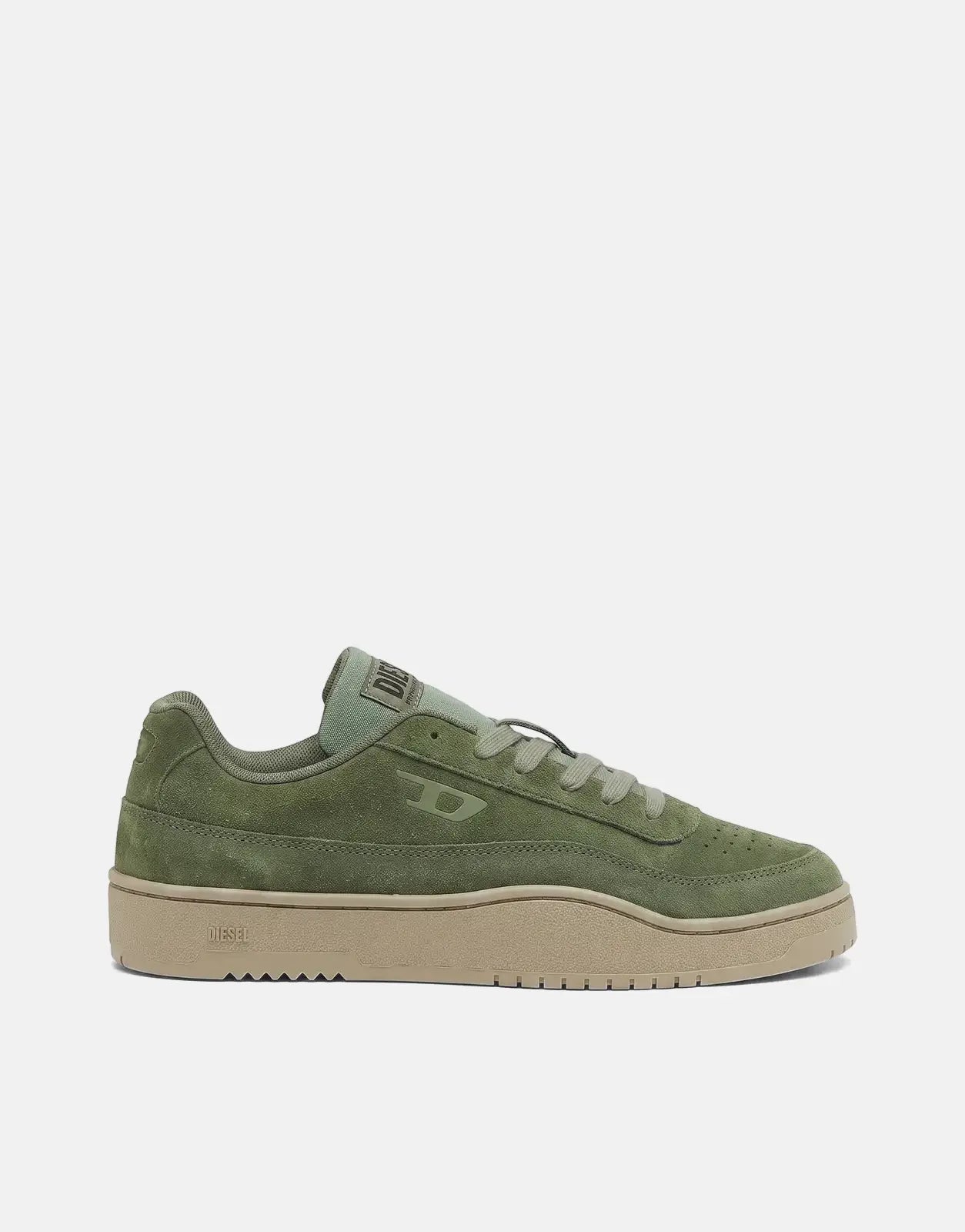 Diesel Track D S-Tracker Low Sneakers in forest green suede with a contrasting tan rubber sole, side profile view.
