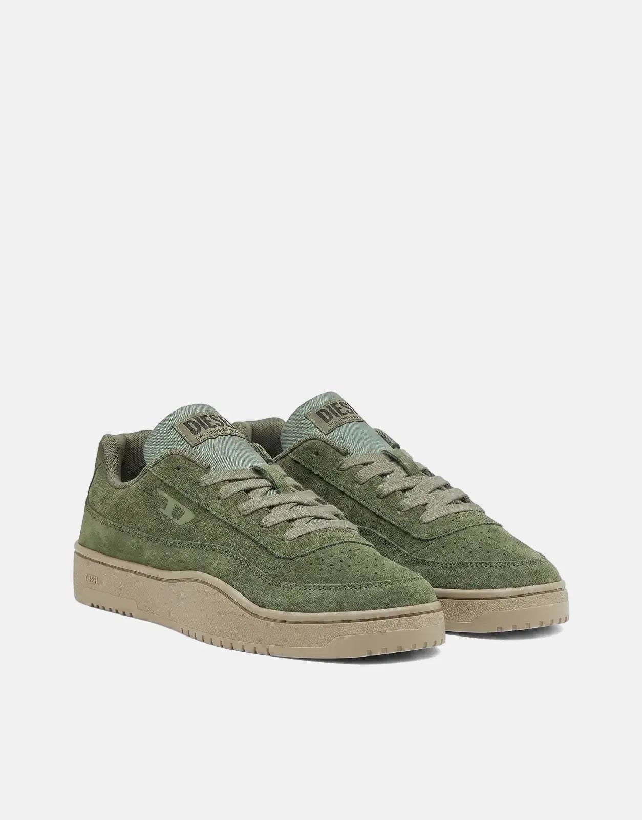 Diesel Track D S-Tracker Low Sneakers T7453 in olive green suede with a light tan sole, viewed from a slightly elevated