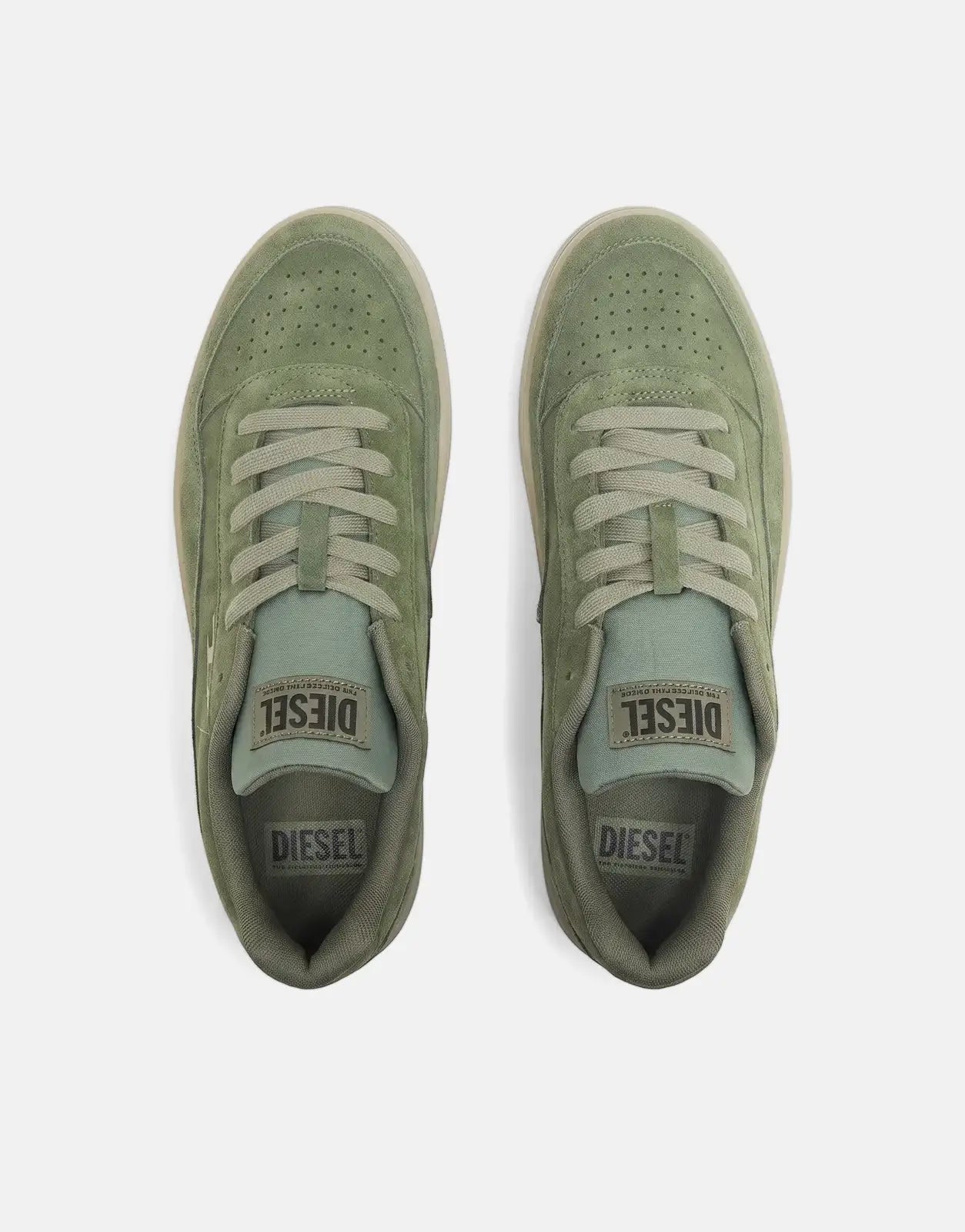 Diesel Track D S-Tracker Low Sneakers in olive green suede, viewed from above, showcasing perforated toe and lace-up design.