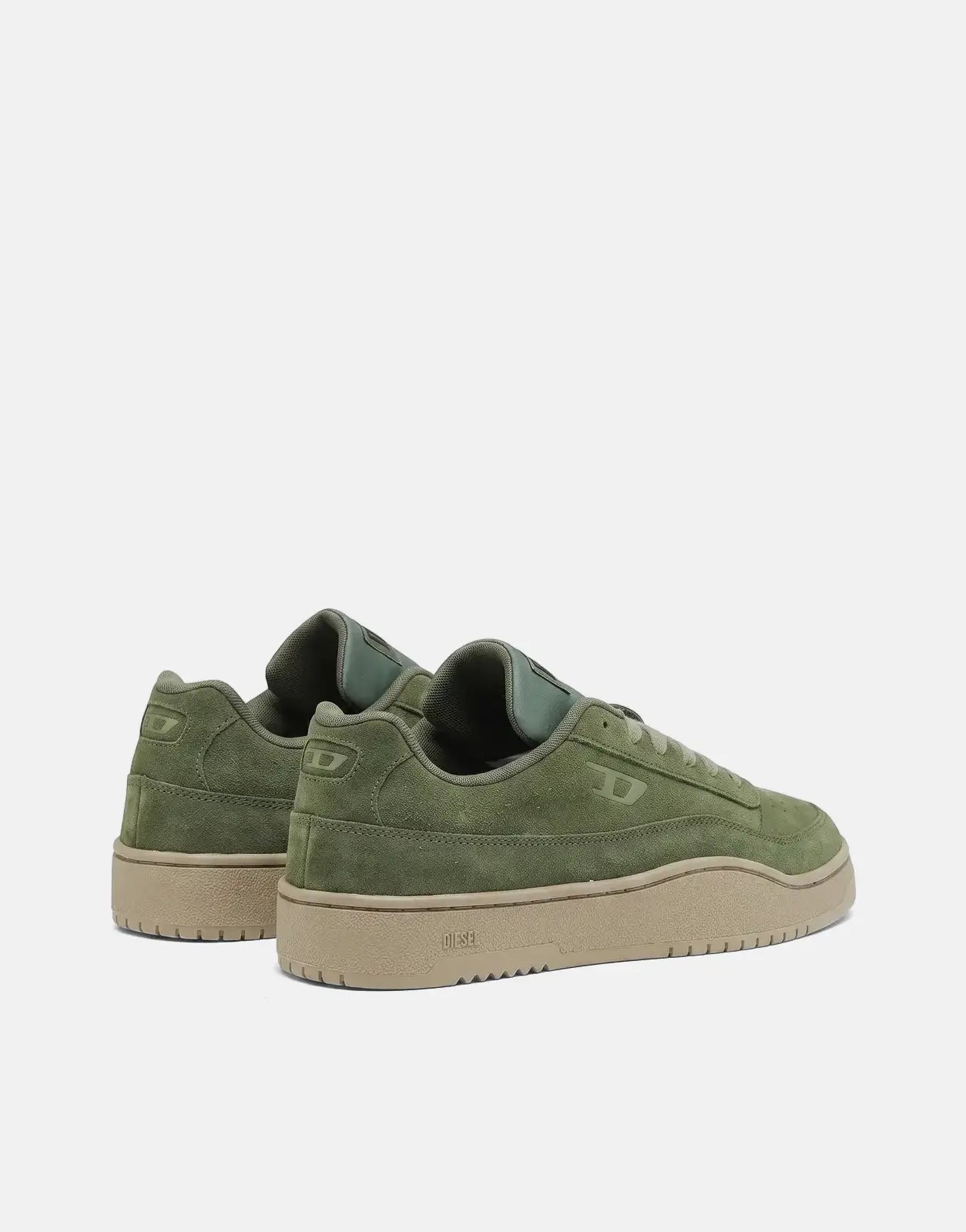 Diesel Track D S-Tracker Low Sneakers in olive green suede with beige soles, shown from a rear-side view.