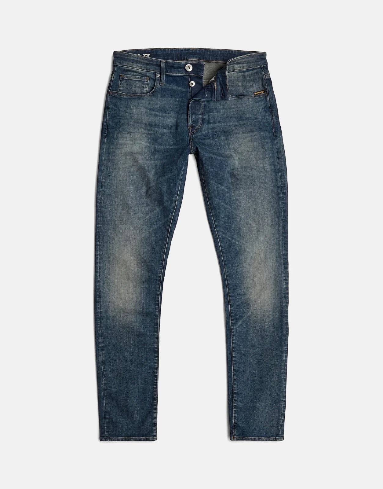 G-Star RAW 3301 Slim Faded Worker Blue Jeans, flat-lay showing the full length and details of the denim.