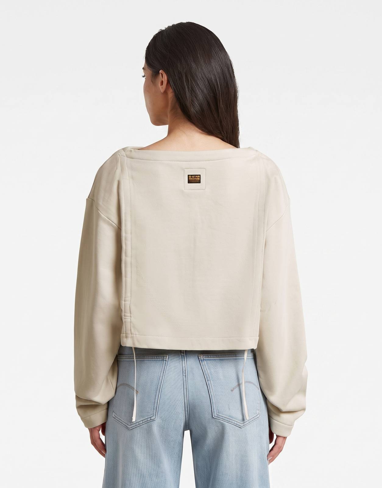 Back view of a G-Star RAW Adjustable Strings Whitebait Sweatshirt in an off-white color, highlighting the soft fabric and